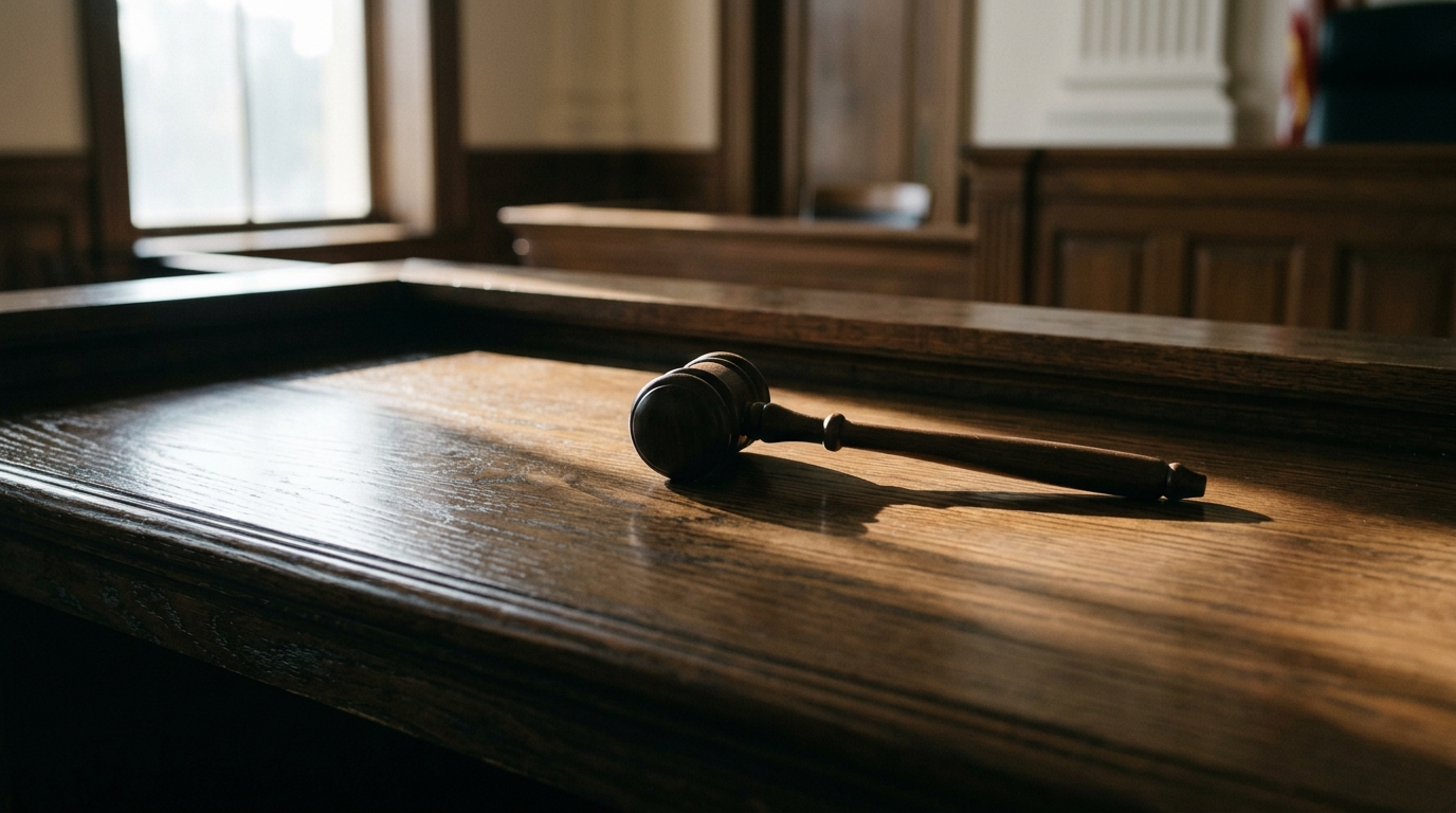 A wooden gavel resting on a polished wooden surface in a courtroom.