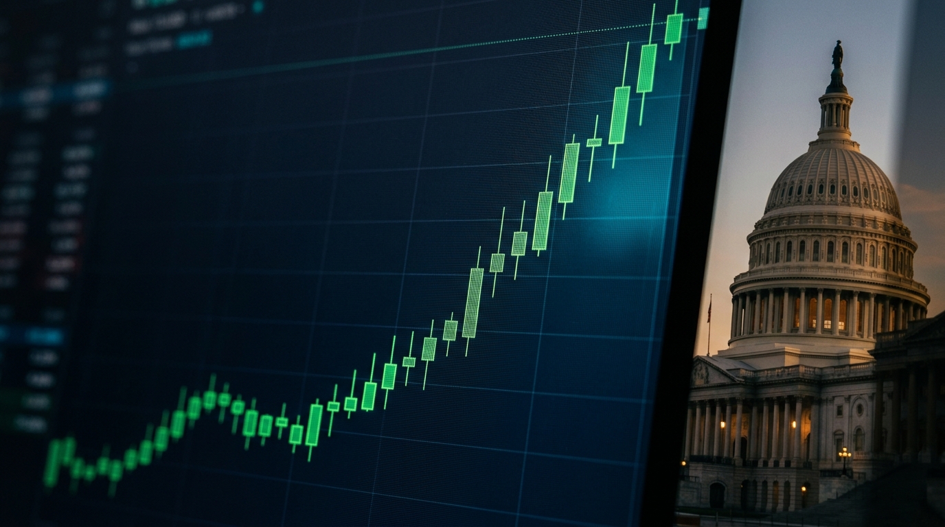 A stock market graph is displayed alongside the U.S. Capitol building.