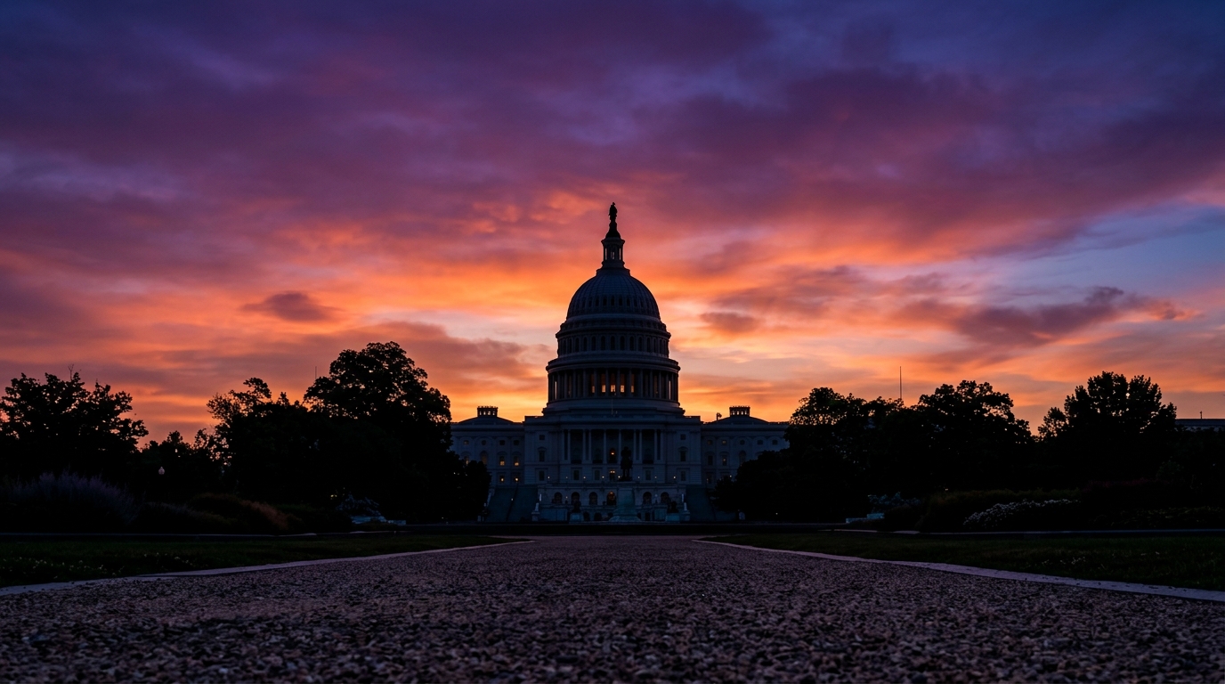The silhouette of the United States Capitol building against a colorful sunset.