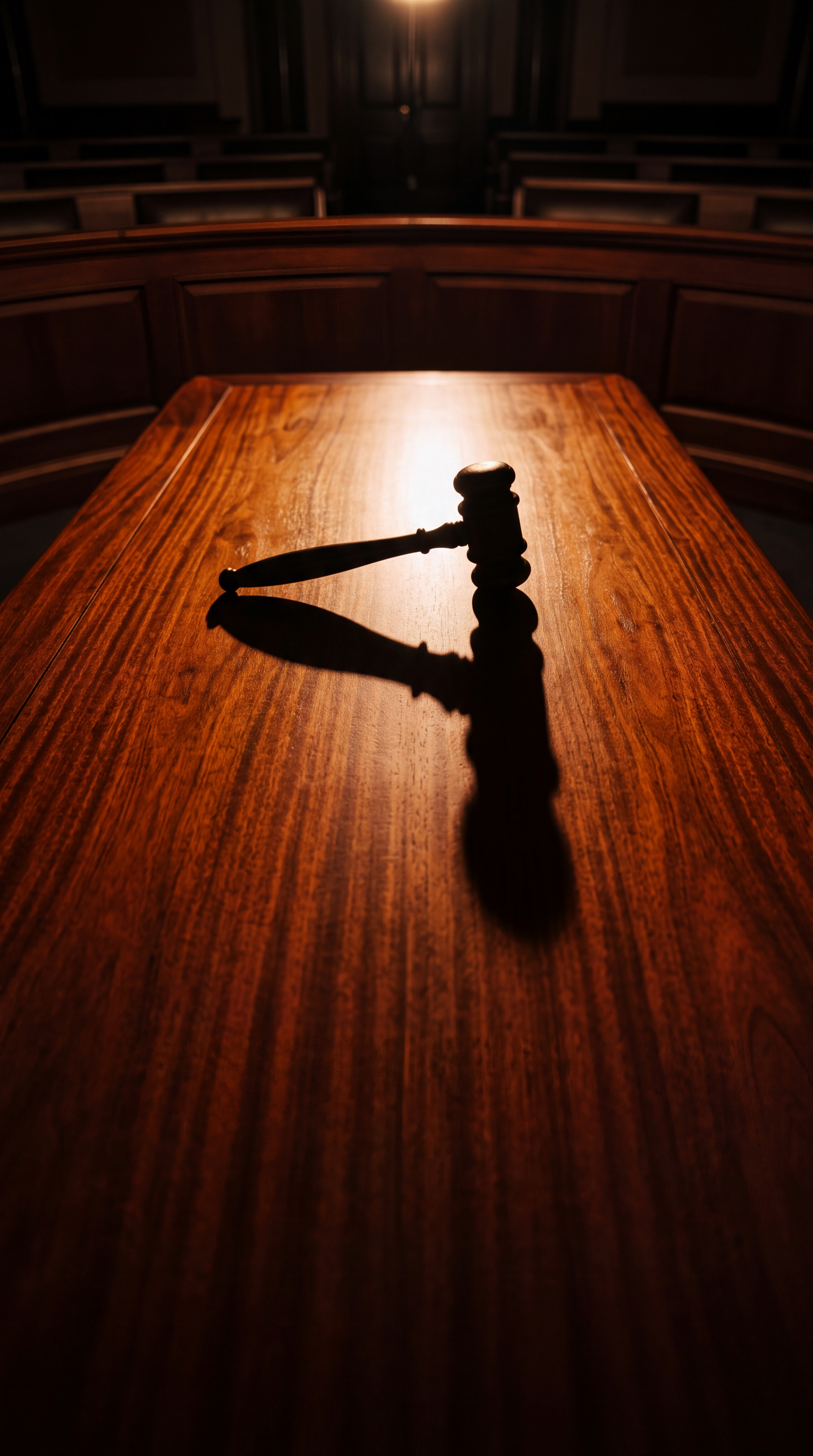 A gavel casting a shadow on a wooden table in a courtroom.