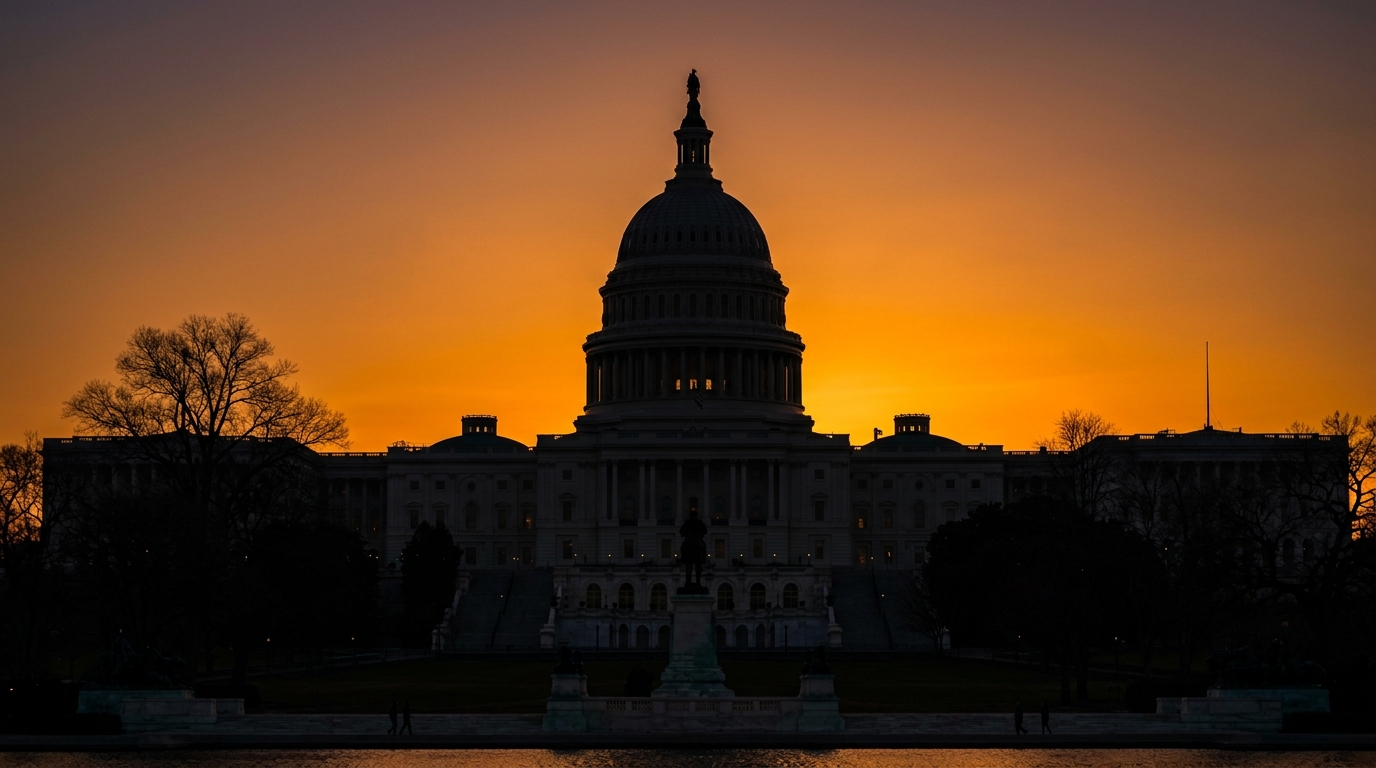 The silhouette of a large government building against a sunset sky.