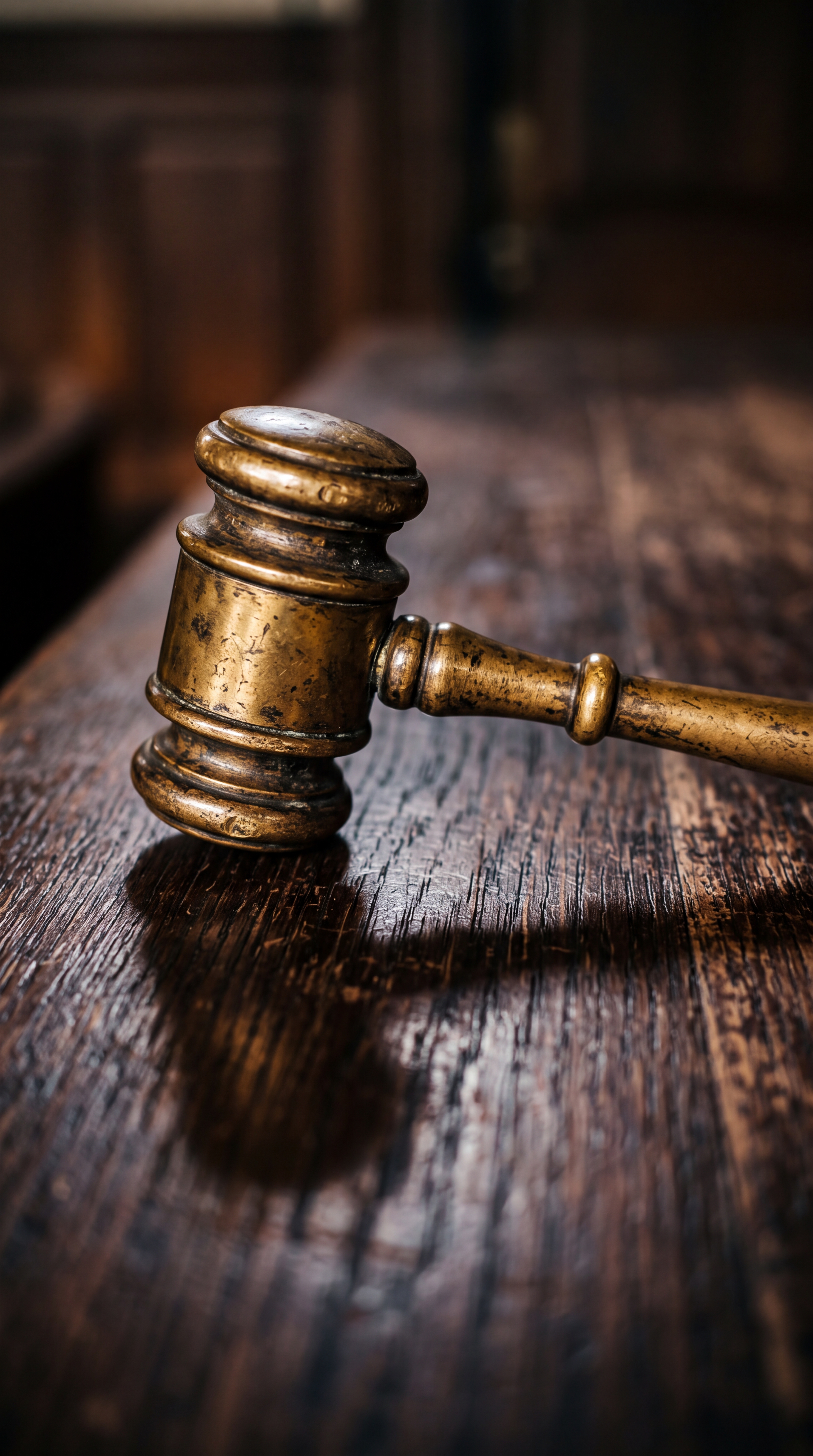 A close-up of a wooden gavel resting on a textured wooden surface.