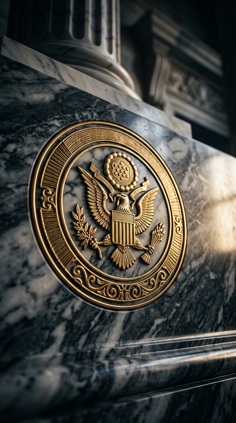 A close-up of a golden emblem featuring an eagle on a marble surface.