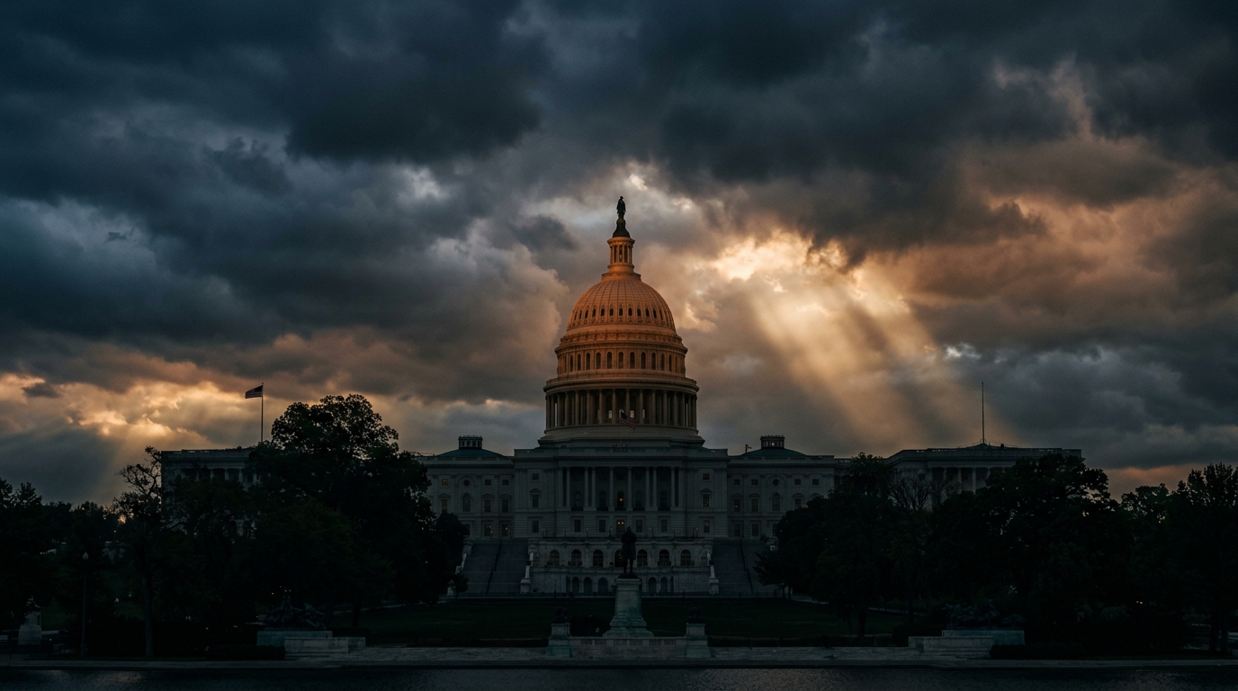 The United States Capitol building is illuminated by rays of sunlight breaking through dark clouds.