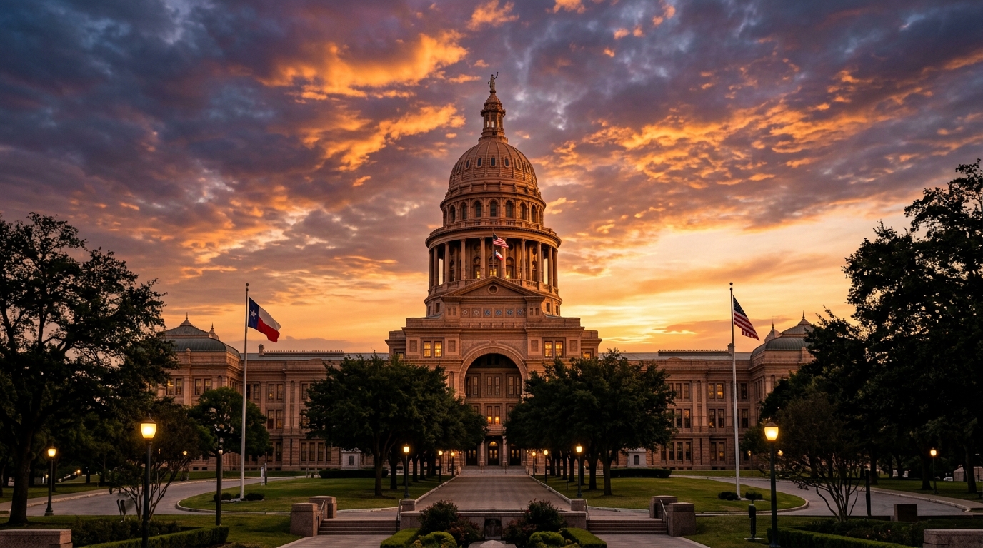 The image shows a historic government building with a dome at sunset, surrounded by trees and flags.
