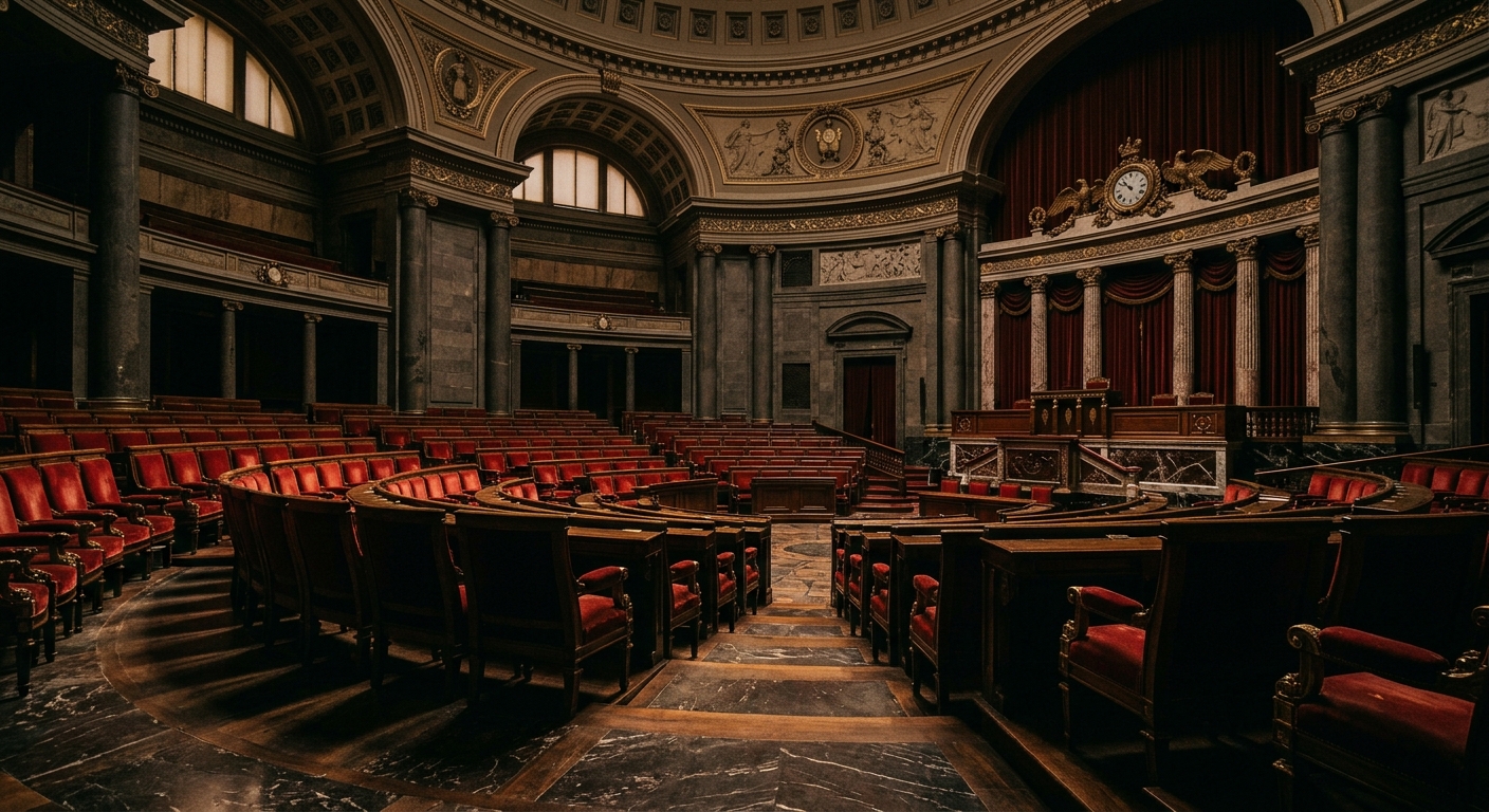 An empty legislative chamber with red upholstered seating and ornate architectural details.