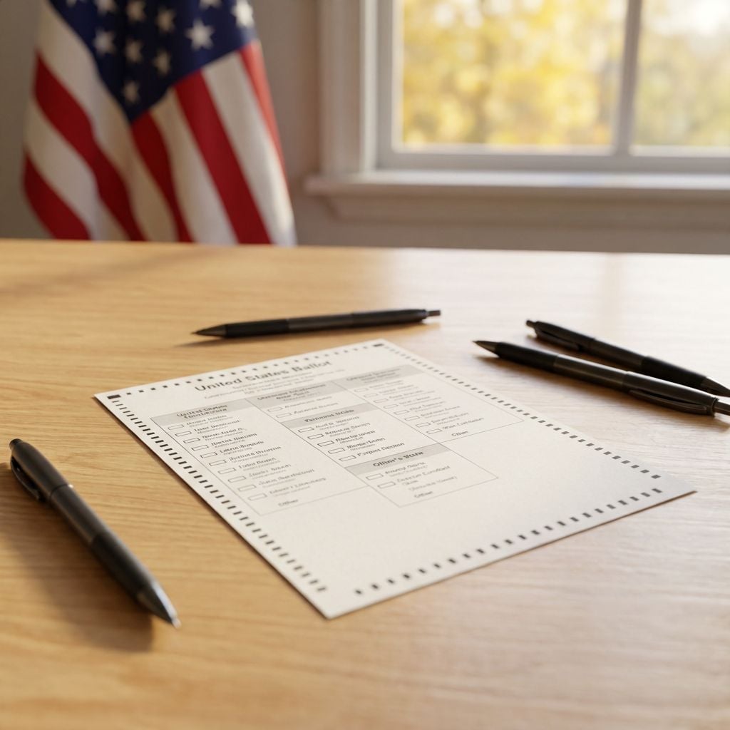 A ballot paper is placed on a wooden table with pens and an American flag in the background.