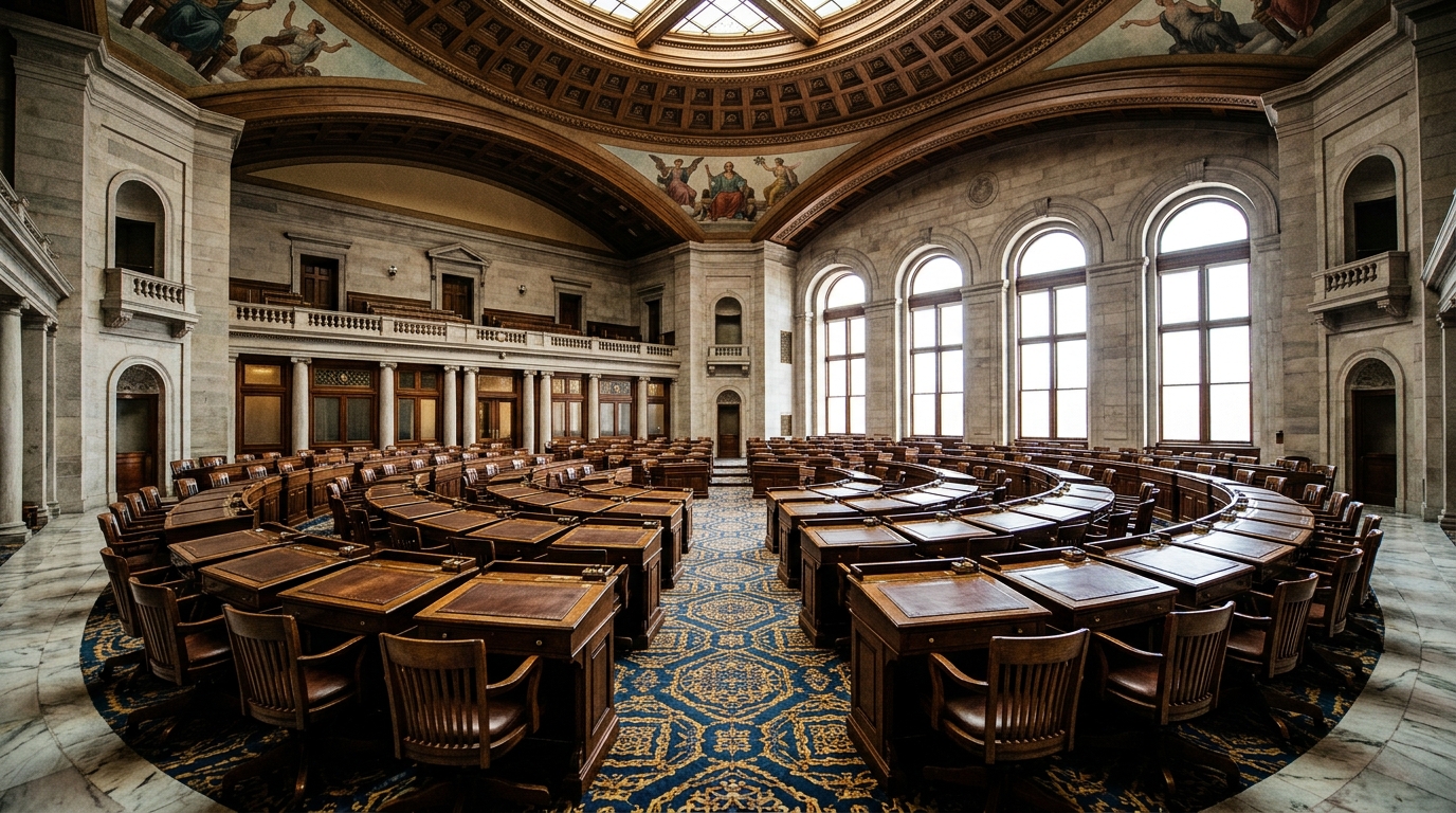 A grand legislative chamber featuring wooden desks arranged in a circular formation.
