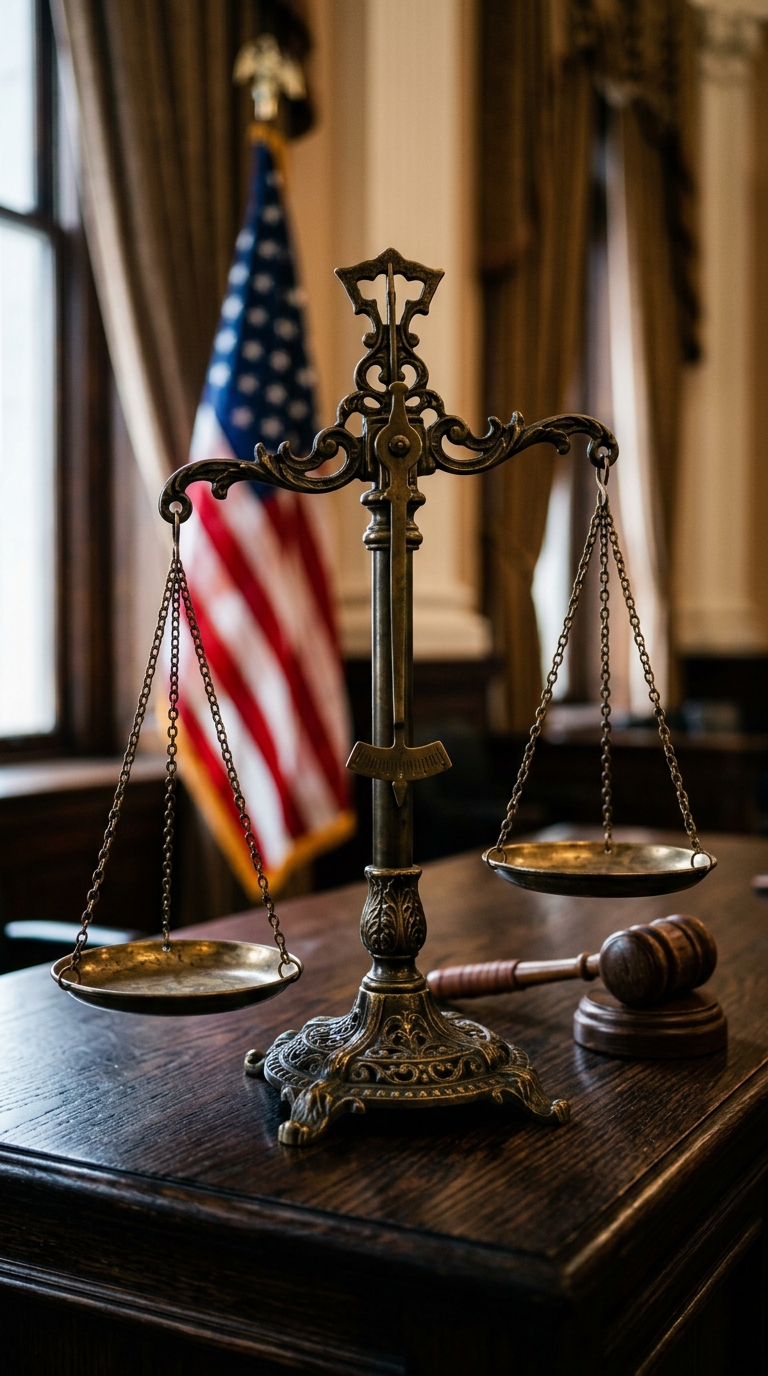 A vintage scale of justice is placed on a wooden table in a courtroom setting with an American flag in the background.