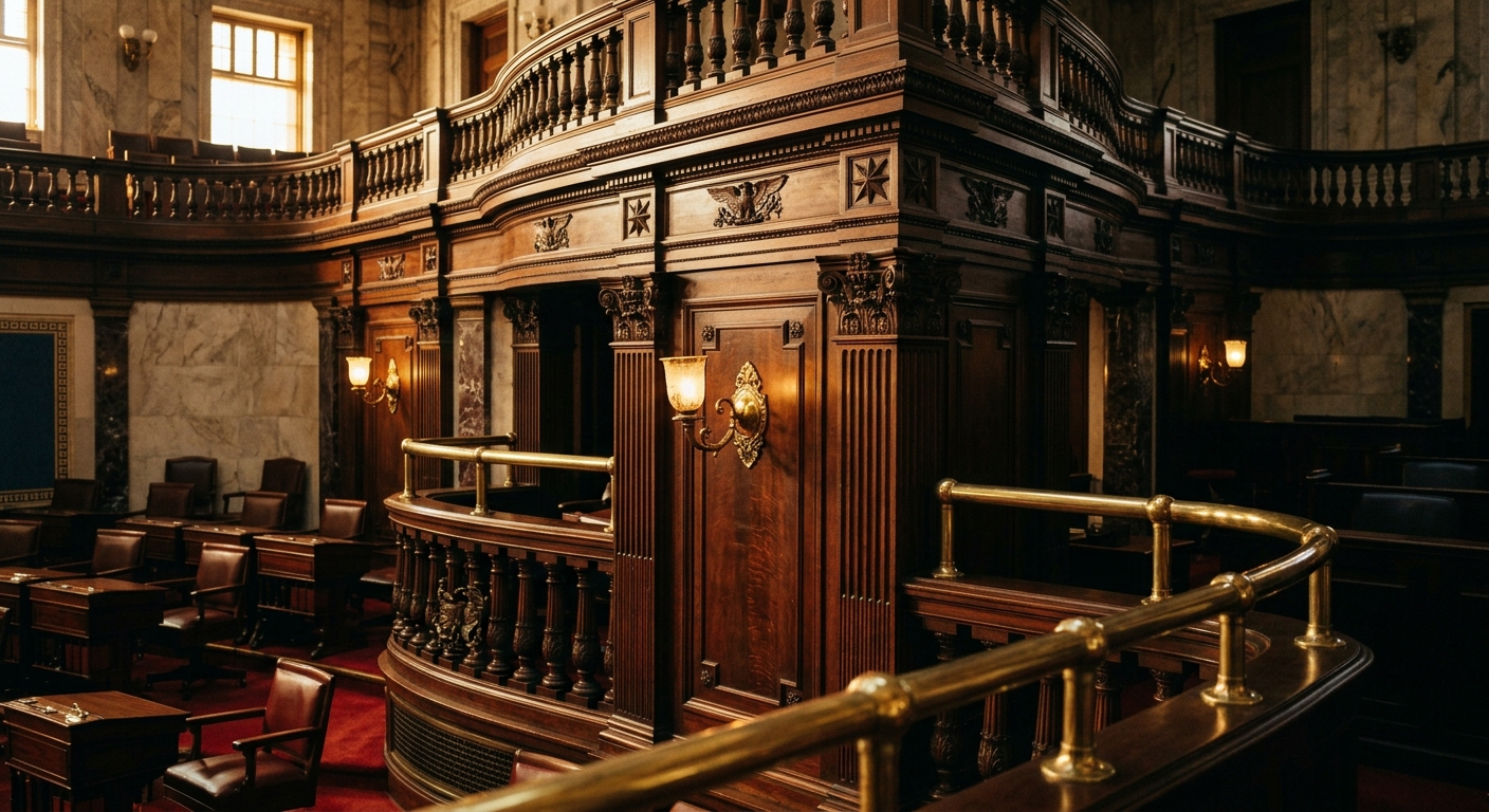 A wooden interior of a legislative chamber with ornate details and seating.