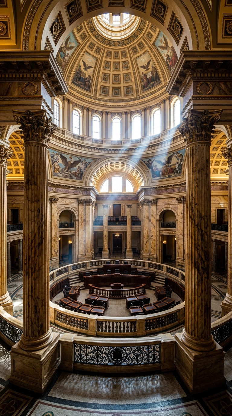 An interior view of a grand legislative chamber with ornate columns and a domed ceiling.