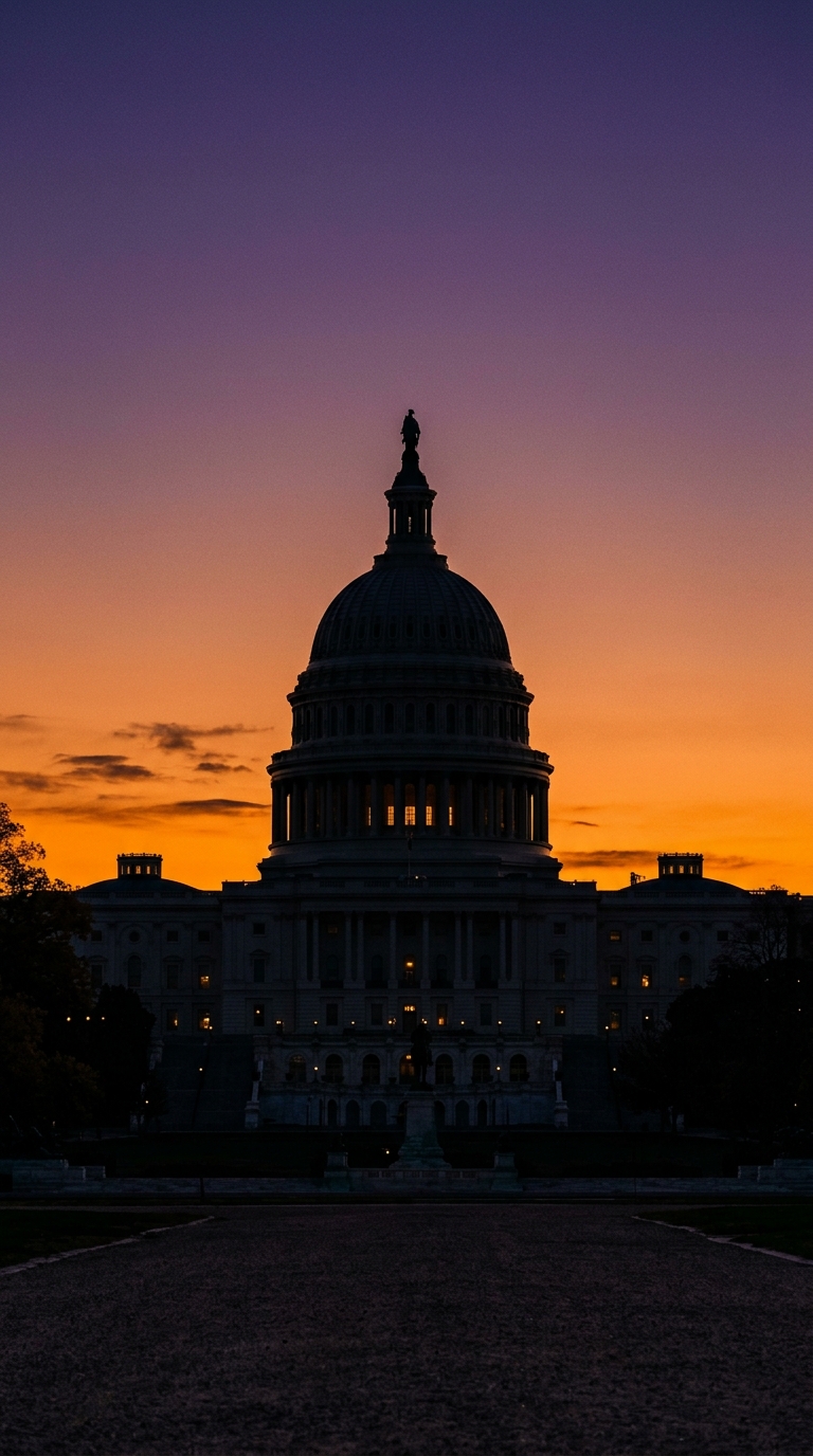 The silhouette of the United States Capitol building against a sunset sky.