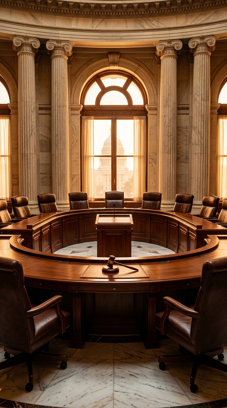 A circular conference room with wooden furniture and large windows showing a view of a dome in the background.