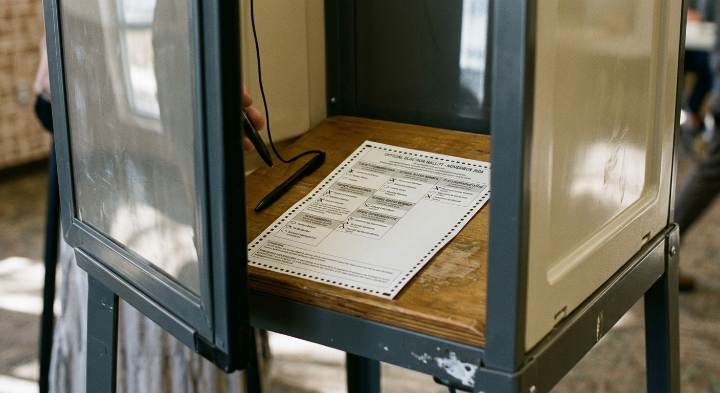A person is filling out a ballot inside a voting booth.