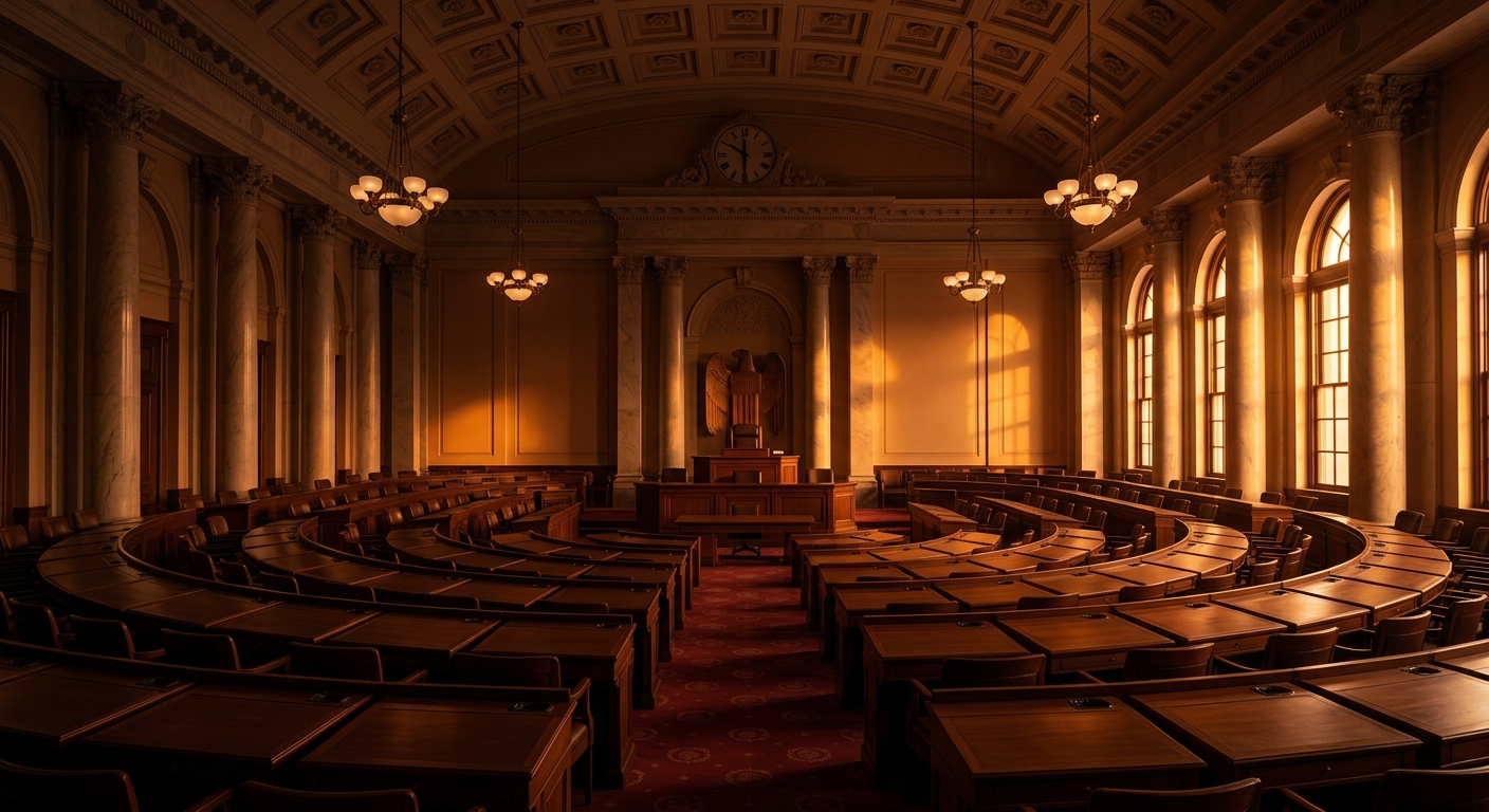 An interior view of a legislative chamber with wooden desks and ornate architecture.