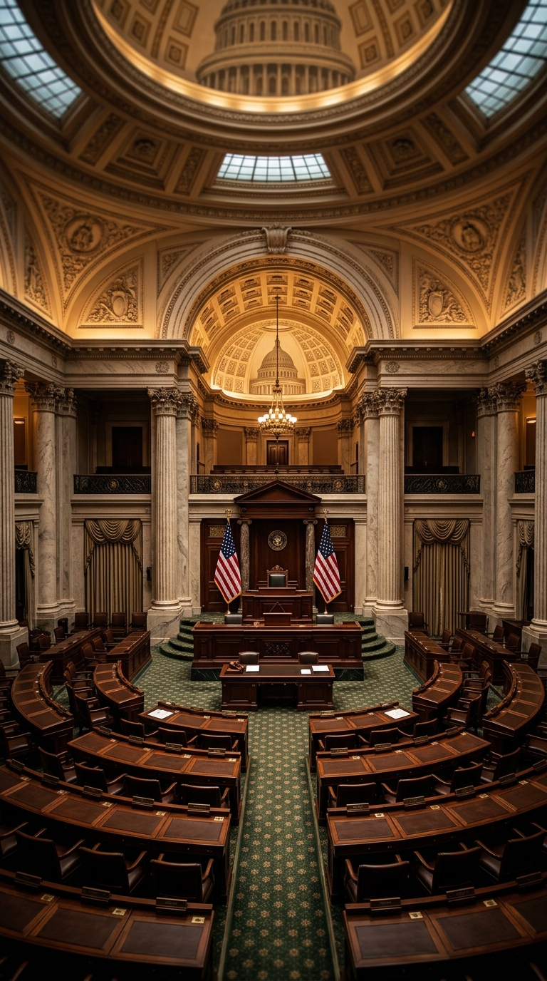 An interior view of a legislative chamber featuring wooden desks and American flags.