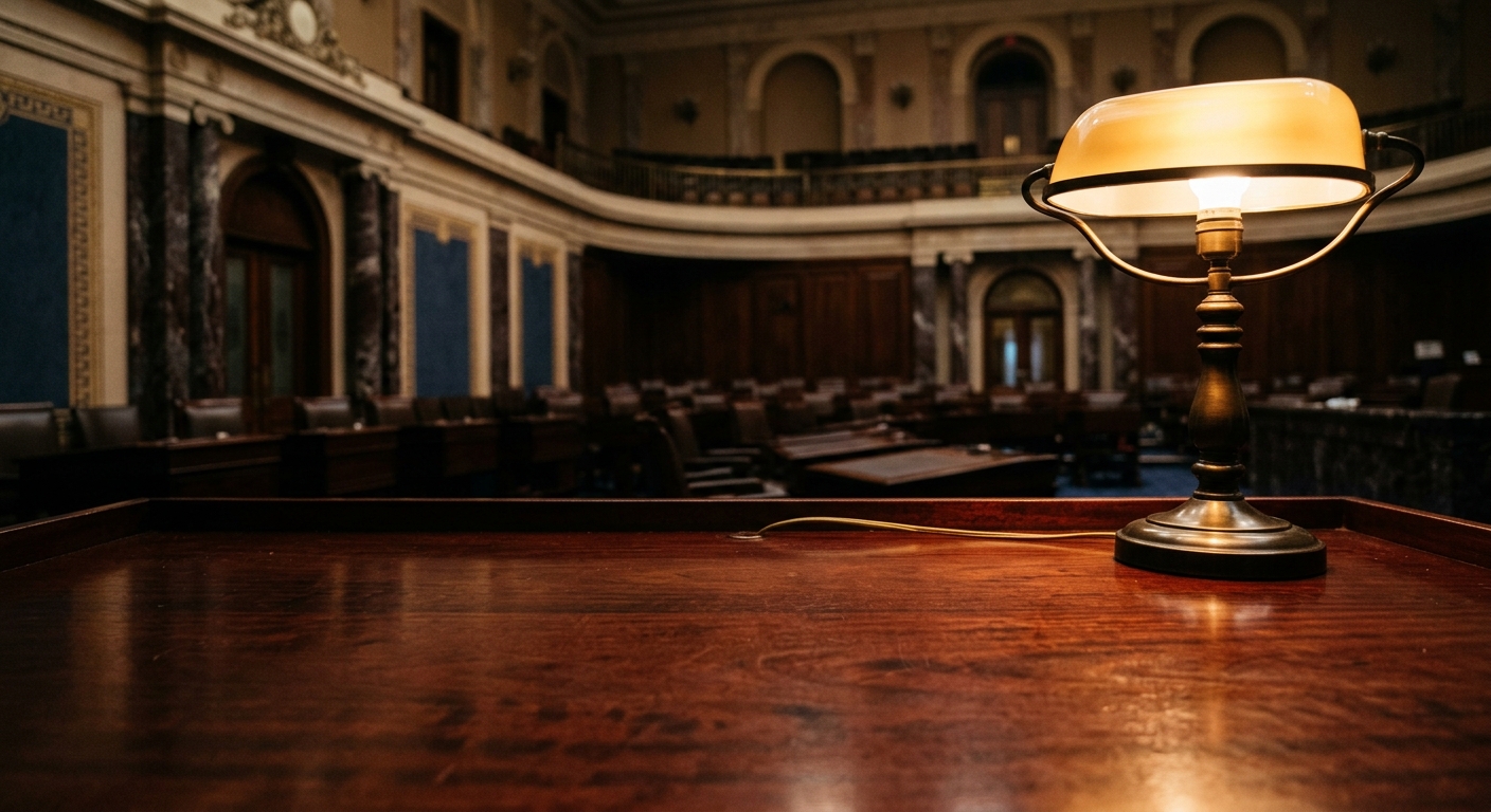 A wooden desk with a lamp in a legislative chamber.