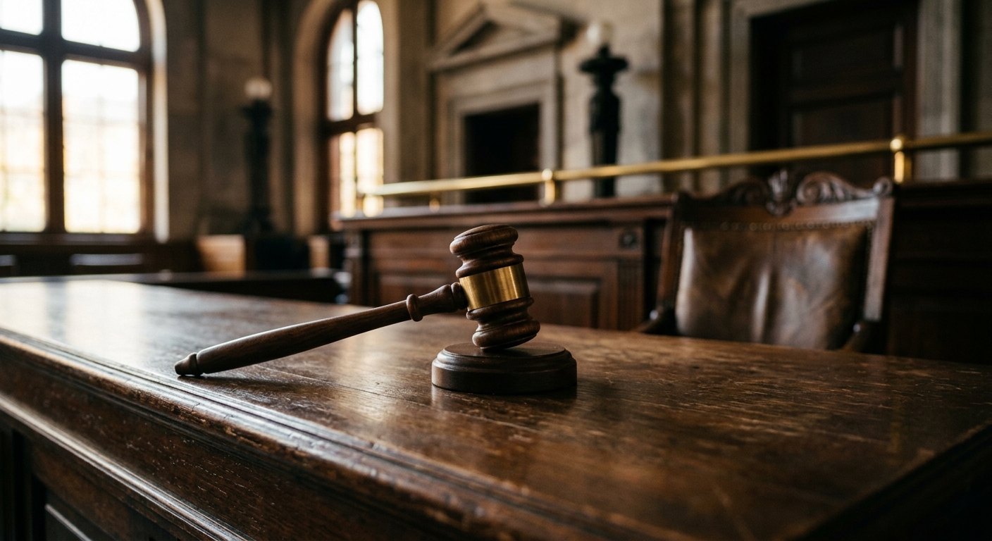 A wooden gavel rests on a desk in a courtroom.