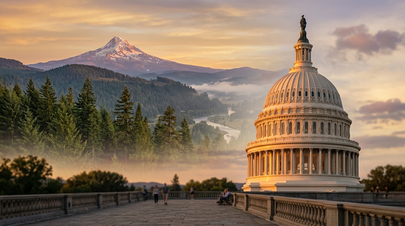 The image features the U.S. Capitol building with a mountain backdrop.