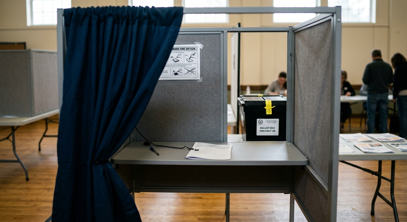 A voting booth with a privacy curtain and a ballot box in a polling place.