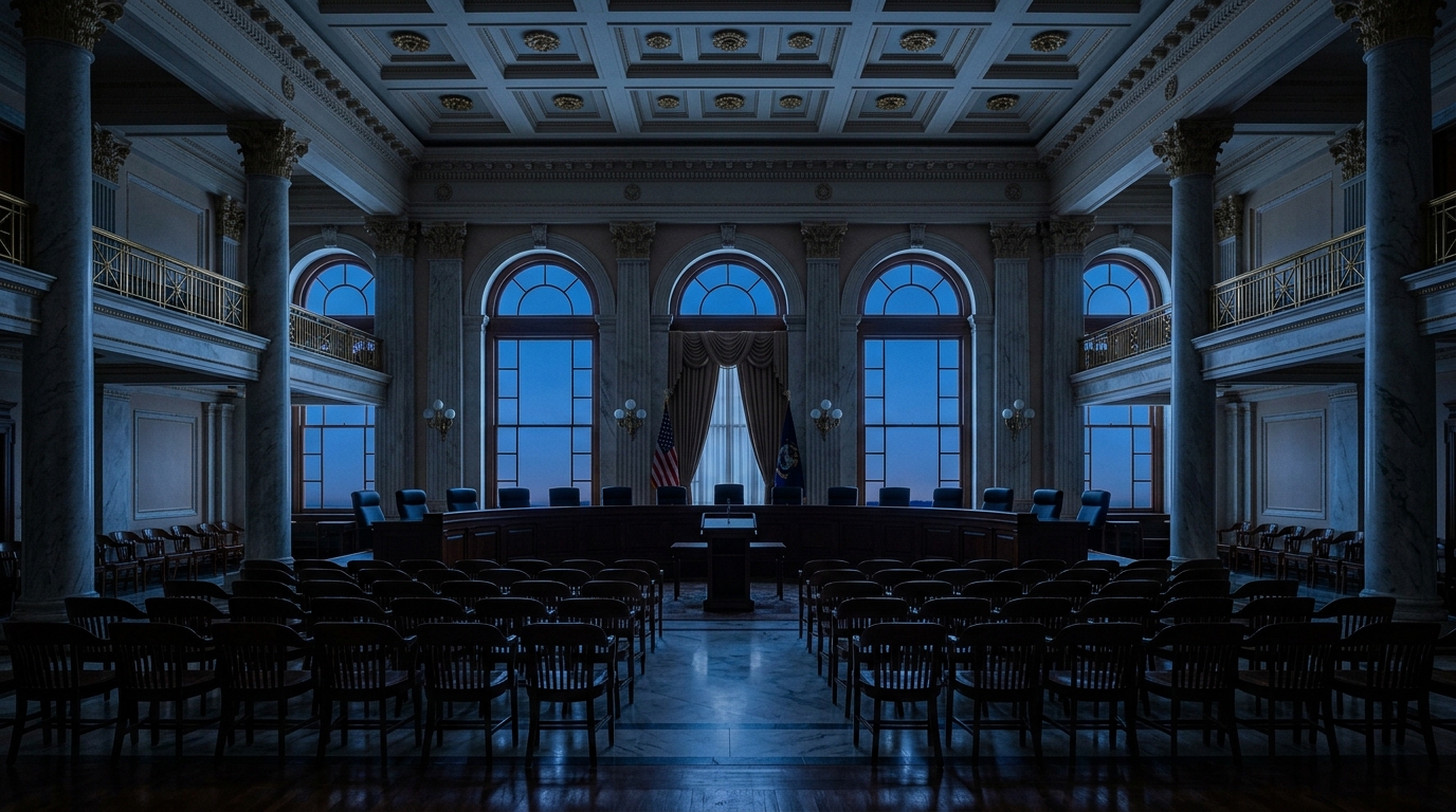 A dimly lit courtroom with rows of chairs and large windows.
