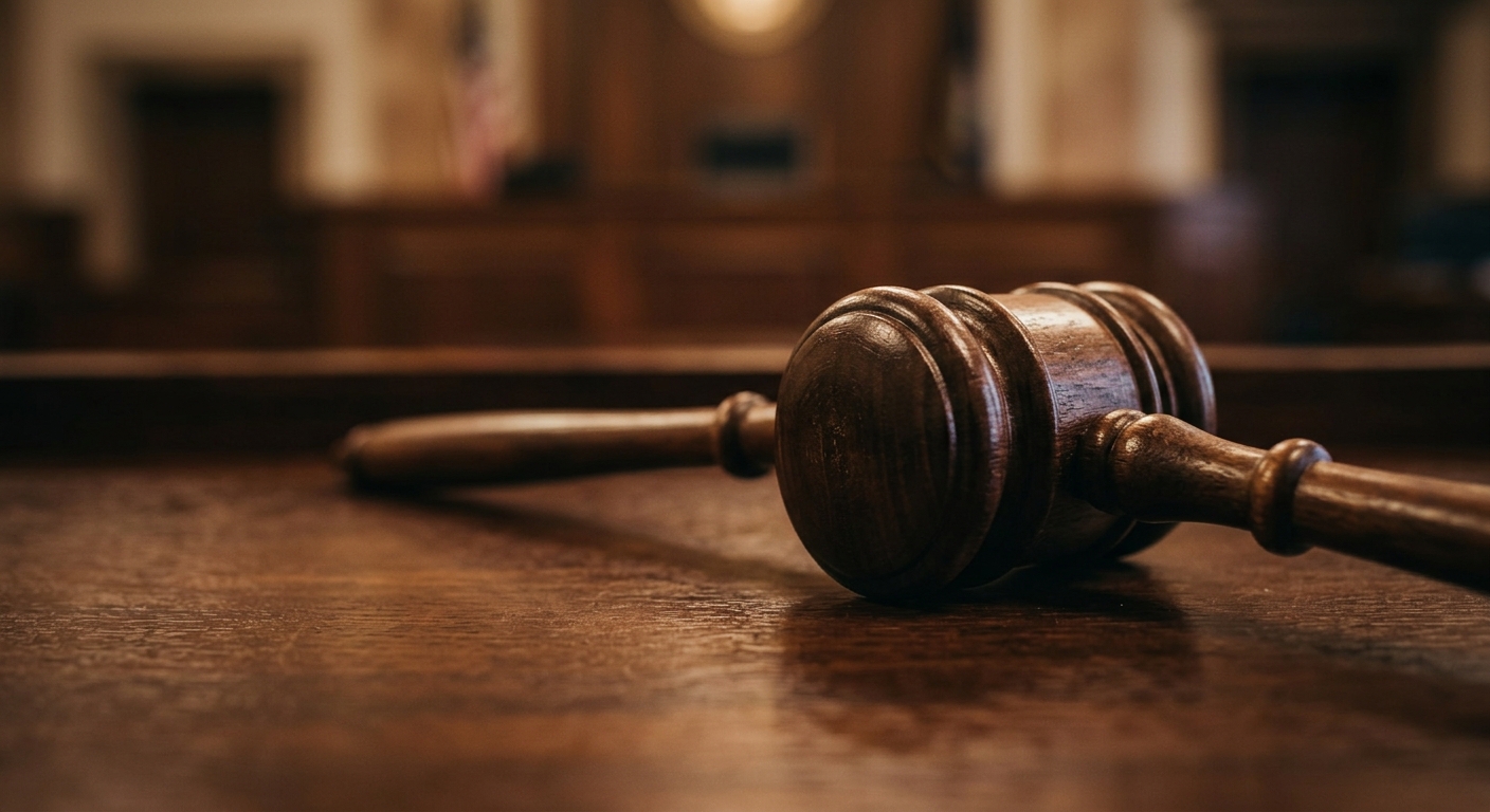 A wooden gavel resting on a wooden surface in a courtroom.