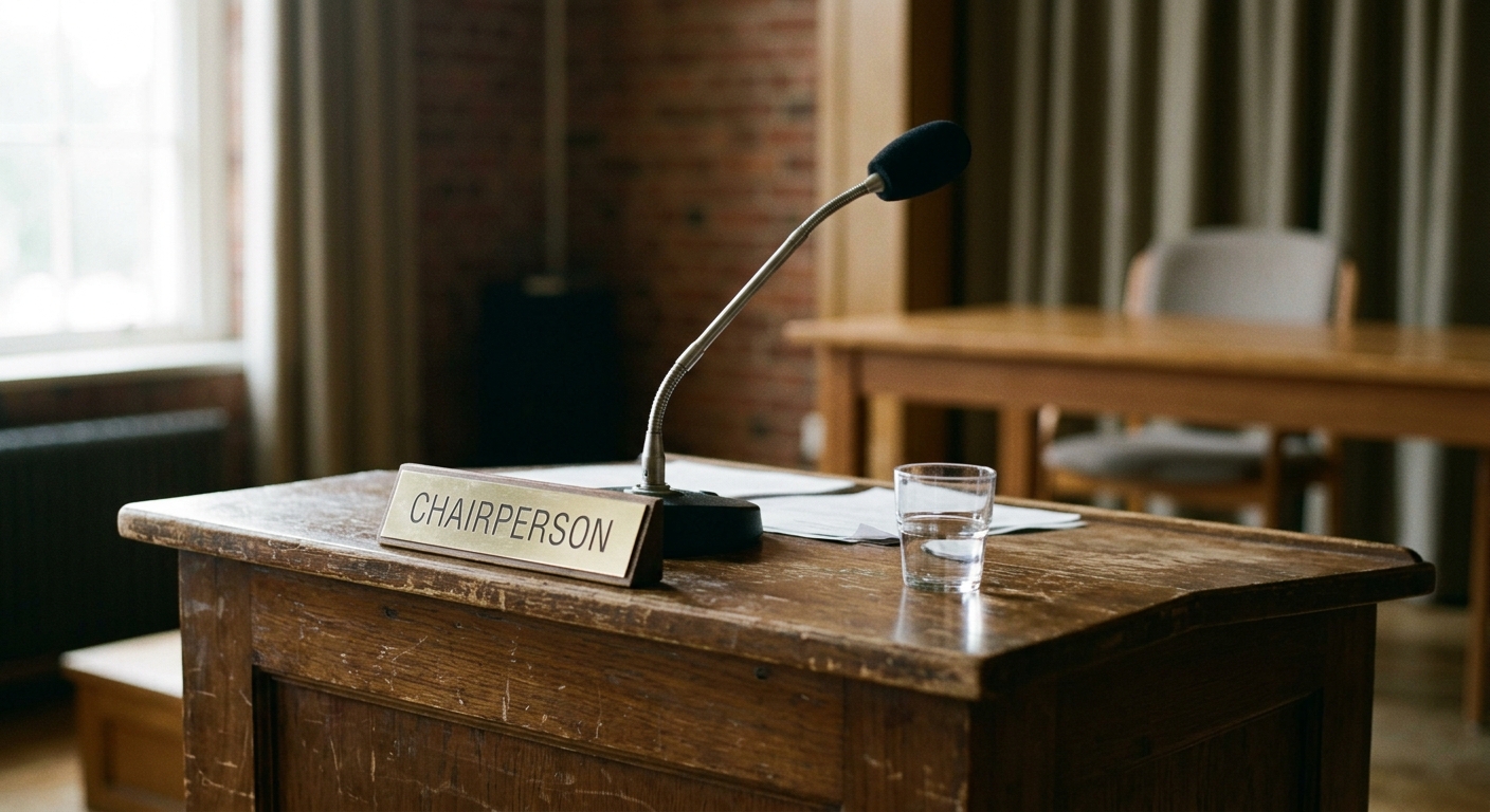 A wooden desk with a microphone and a glass of water, labeled 'CHAIRPERSON'.