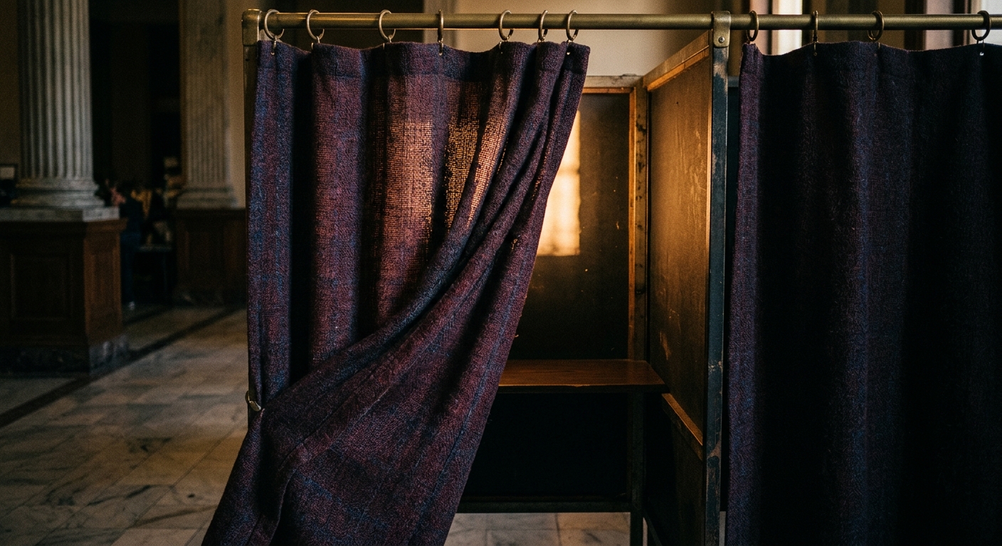 A voting booth with curtains in a public space.