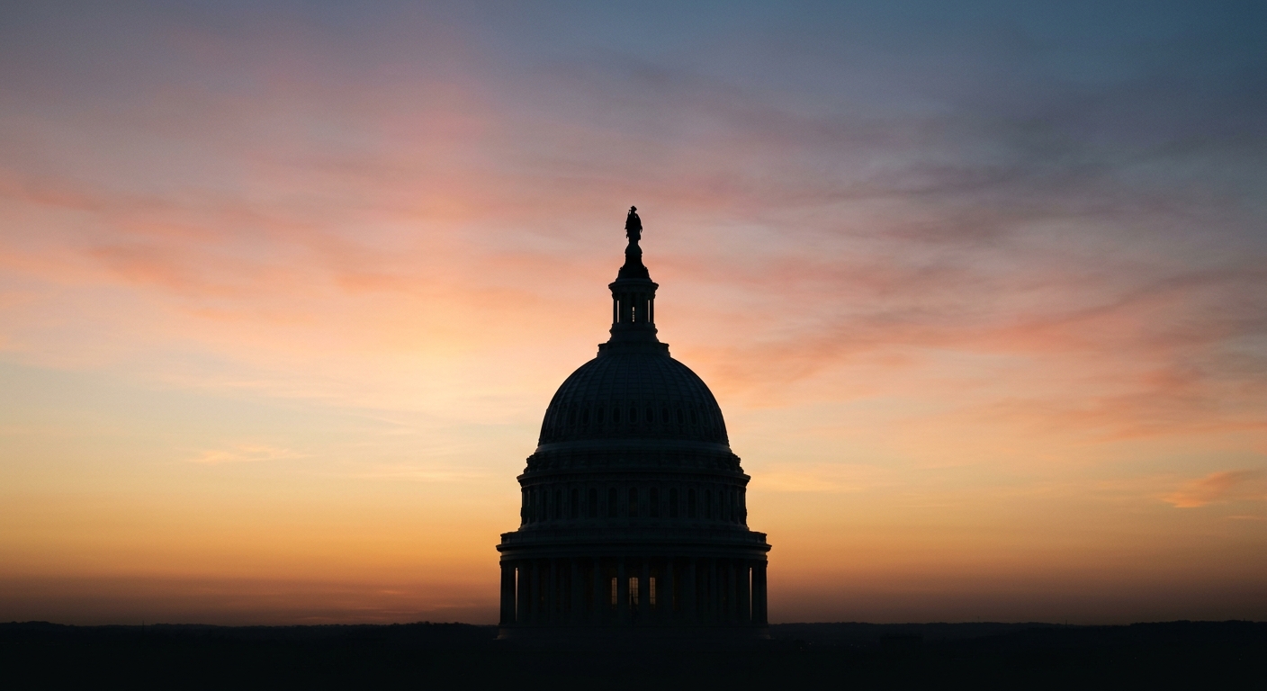 The silhouette of a dome structure against a colorful sunset sky.