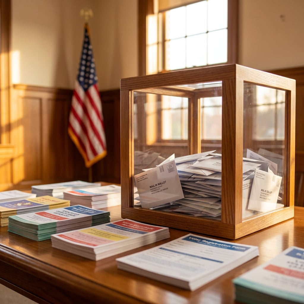 A wooden ballot box filled with mail-in ballots is displayed on a table in a room with an American flag.