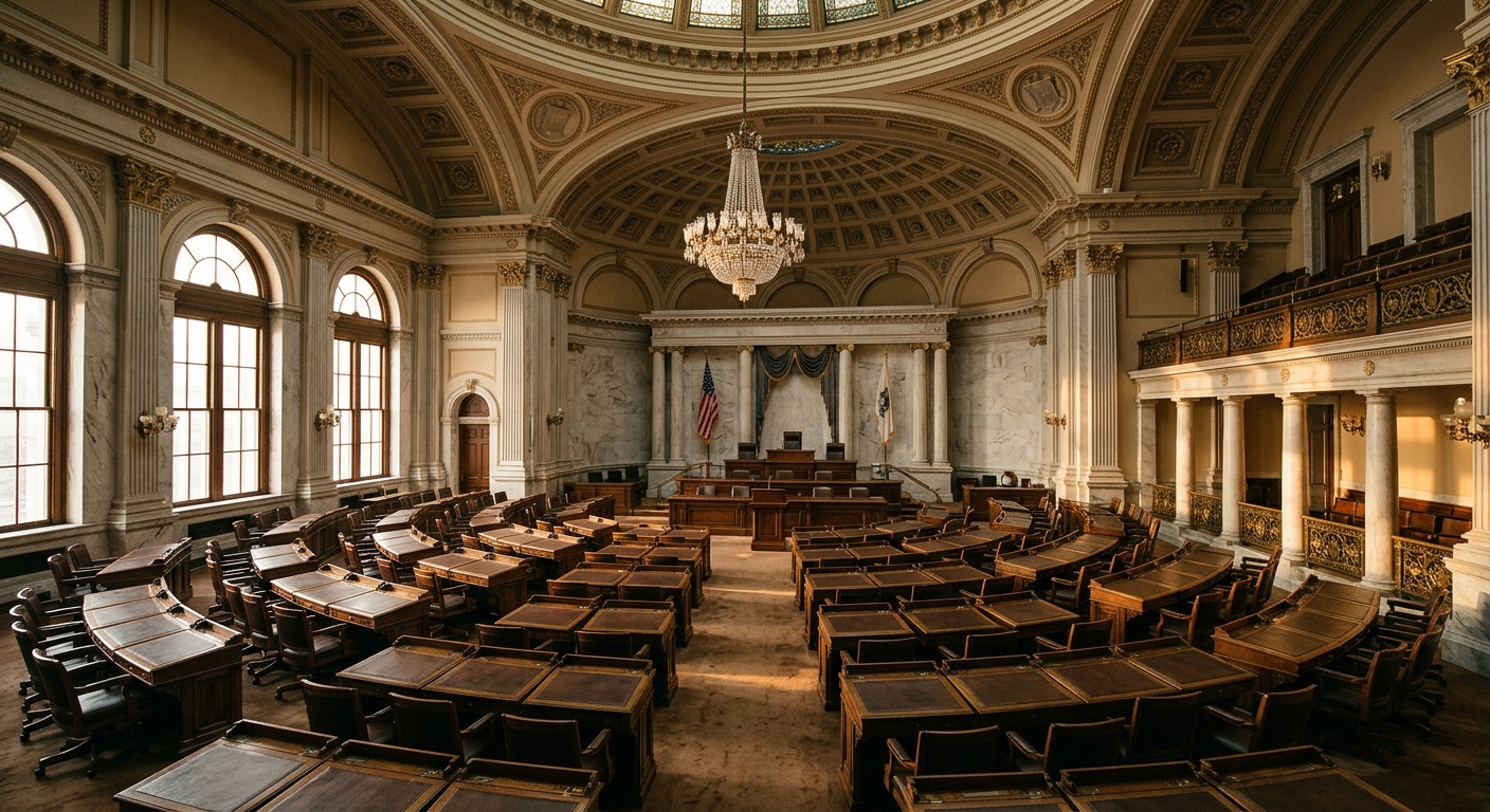 A grand legislative chamber featuring wooden desks and a chandelier.