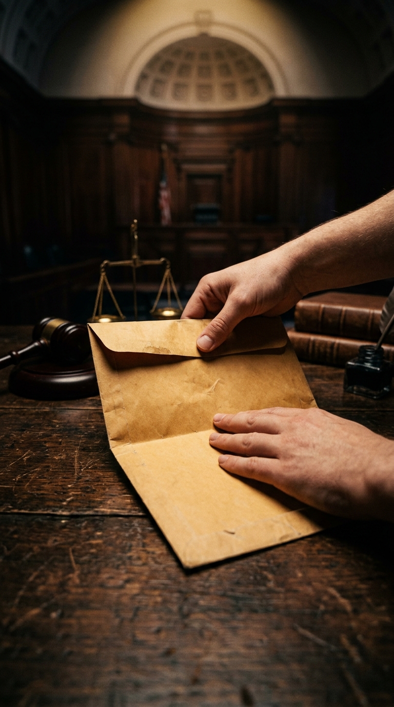 A person is opening a brown envelope on a wooden table in a courtroom setting.