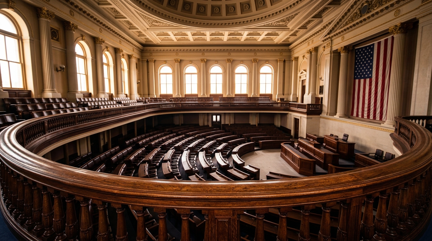 An interior view of a legislative chamber with wooden seating and an American flag.