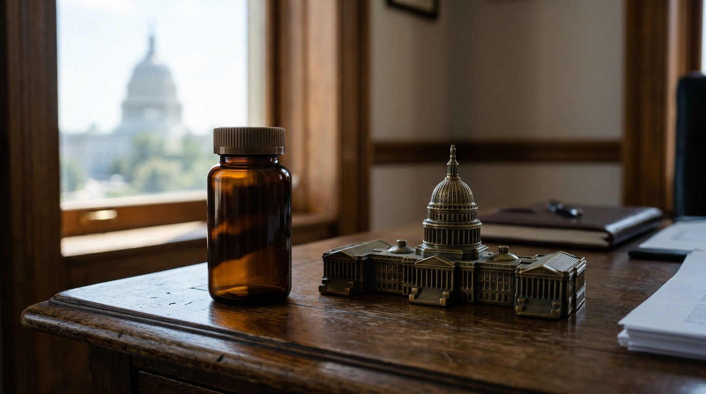 A brown glass bottle sits on a wooden desk next to a miniature model of a capitol building, with a view of the actual capitol in the background.