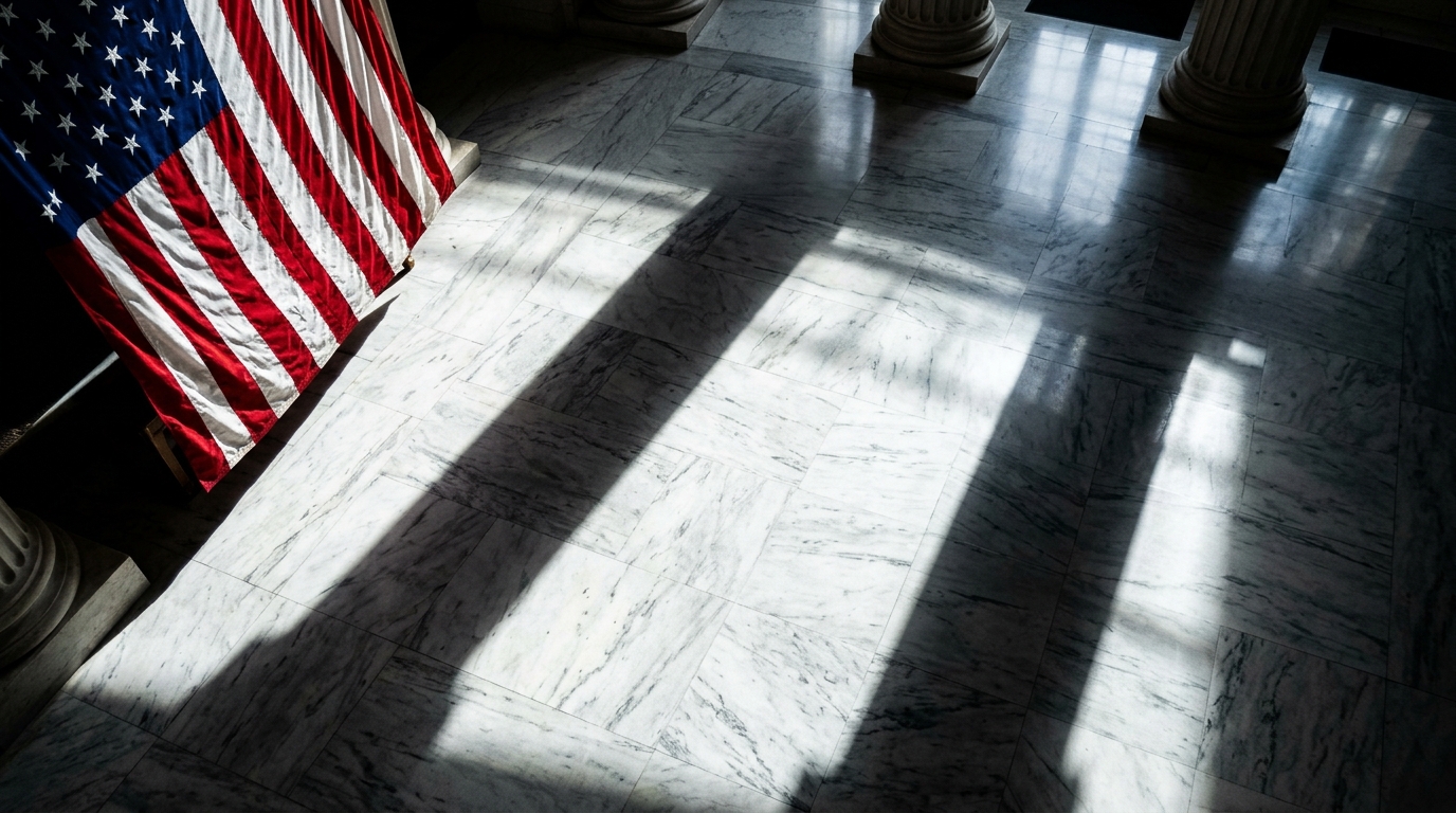 A marble floor with shadows cast by columns and an American flag in the background.
