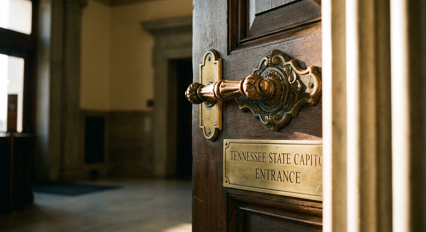 A close-up view of a wooden door with a brass handle and a plaque indicating the entrance to the Tennessee State Capitol.