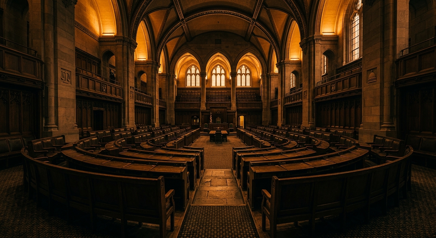 A grand interior of a legislative assembly hall with wooden seating and arched ceilings.