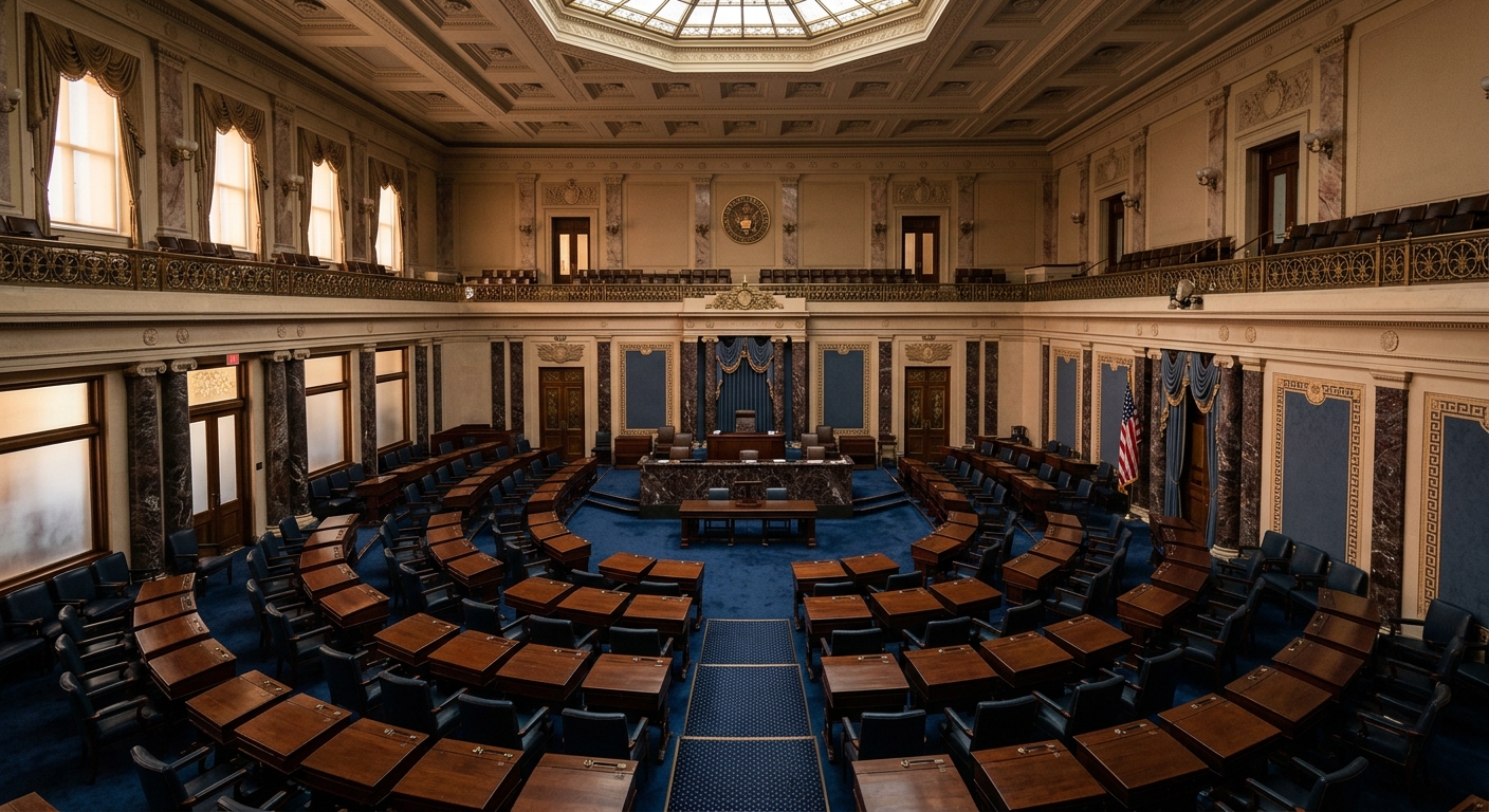 An interior view of a legislative chamber with rows of desks and a central podium.