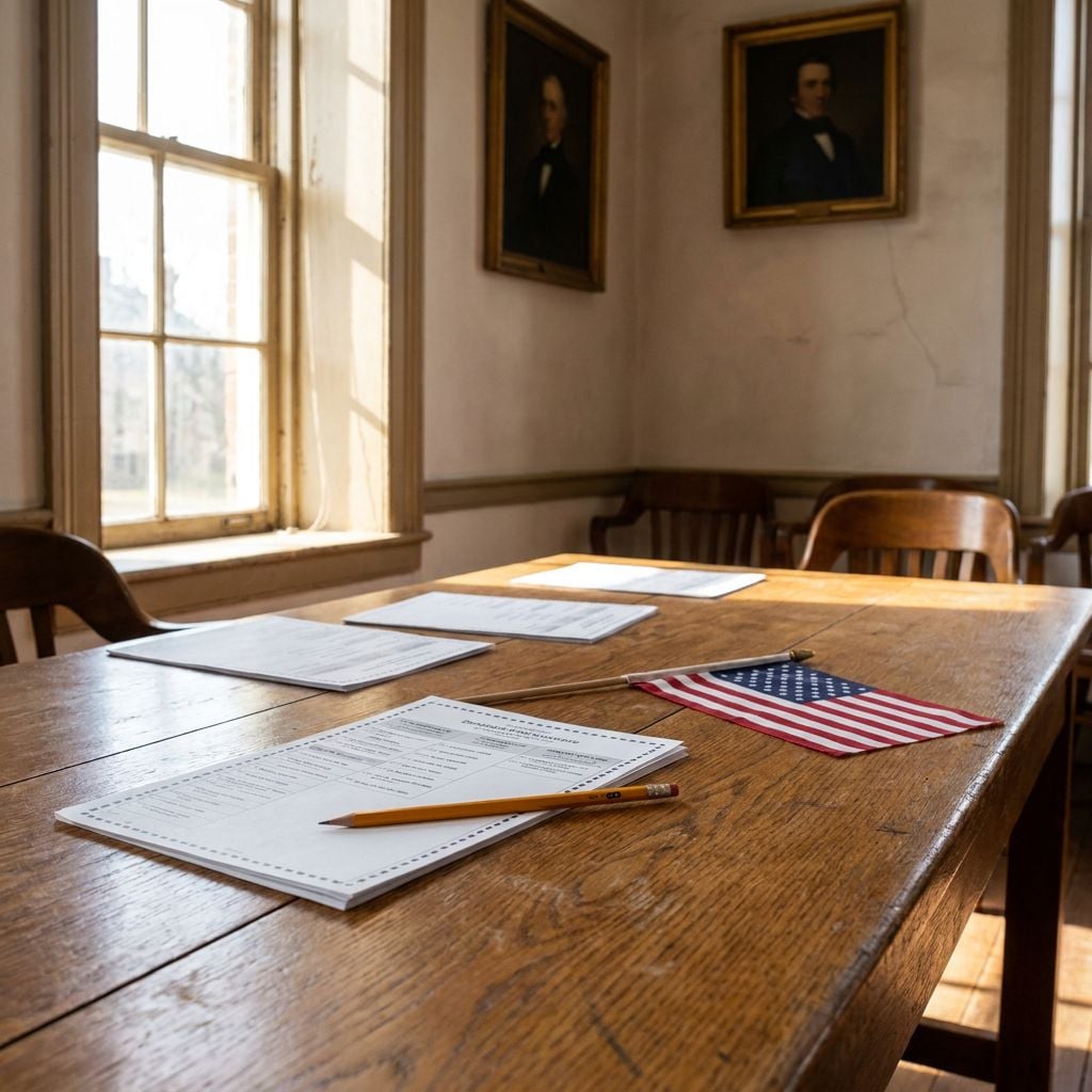 A wooden table with papers and an American flag in a room with portraits on the walls.