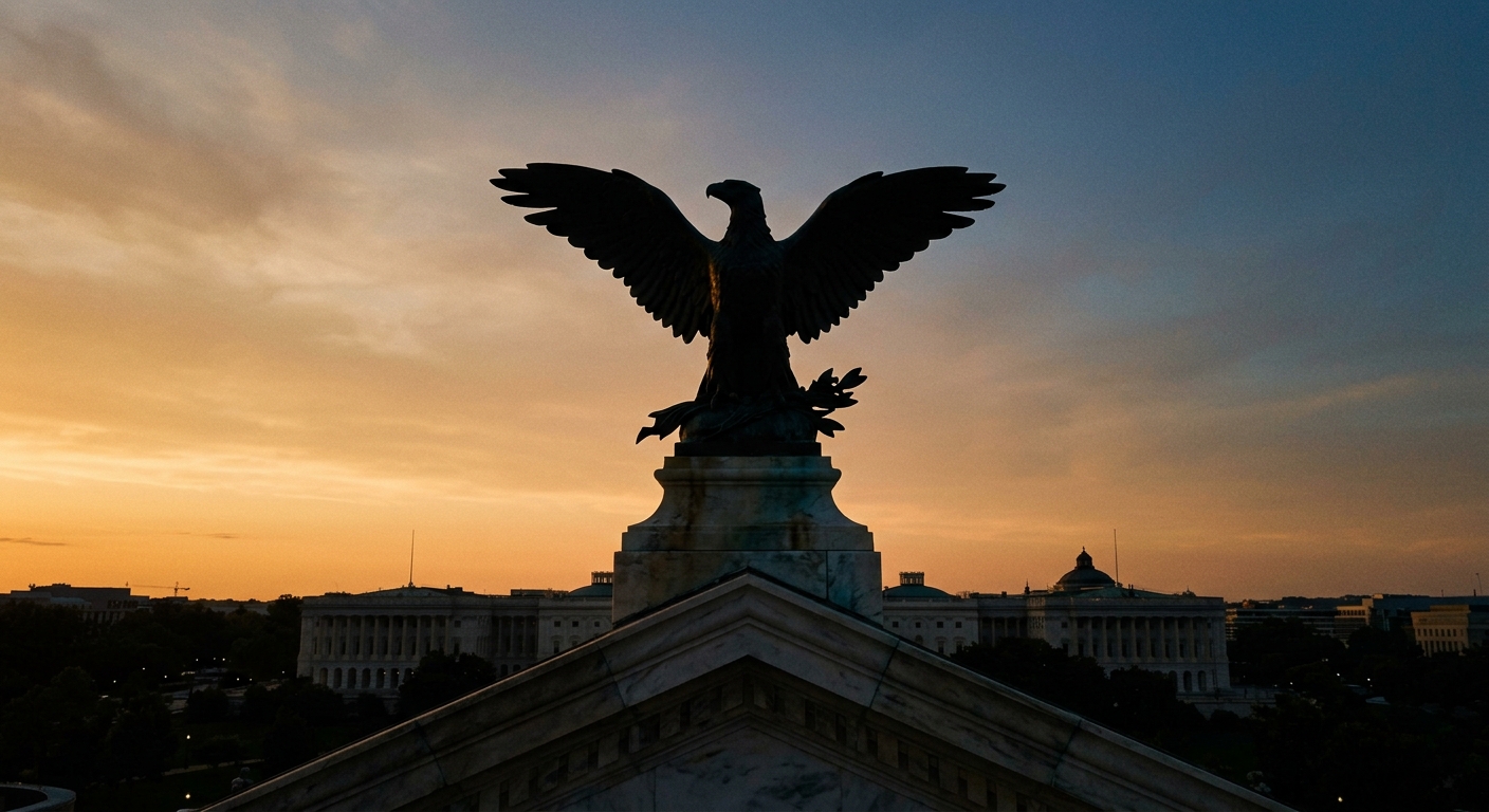 A silhouette of an eagle statue against a sunset sky with a government building in the background.
