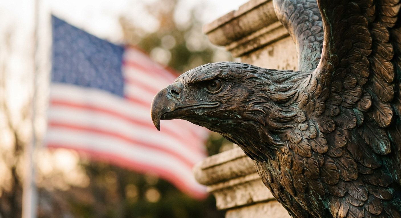 A bronze eagle sculpture with an American flag in the background.