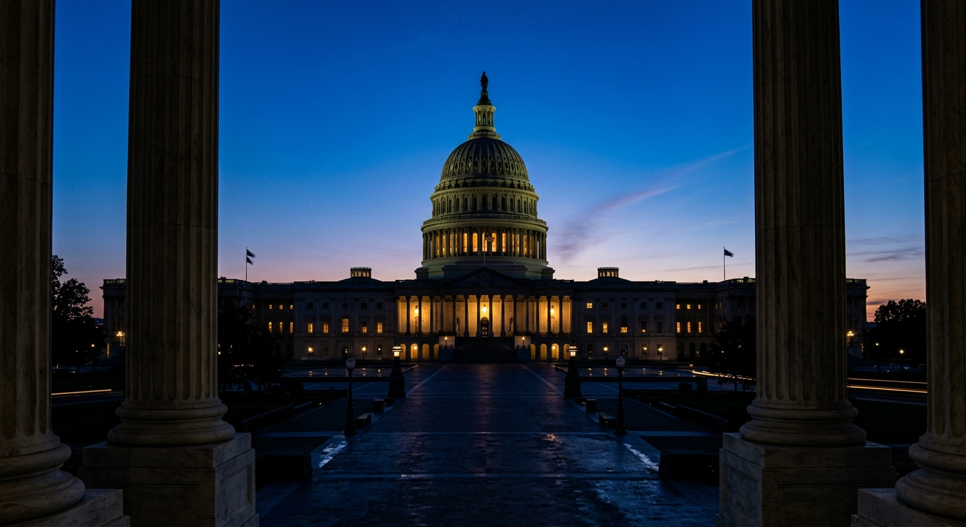 The image shows the United States Capitol building illuminated at dusk.