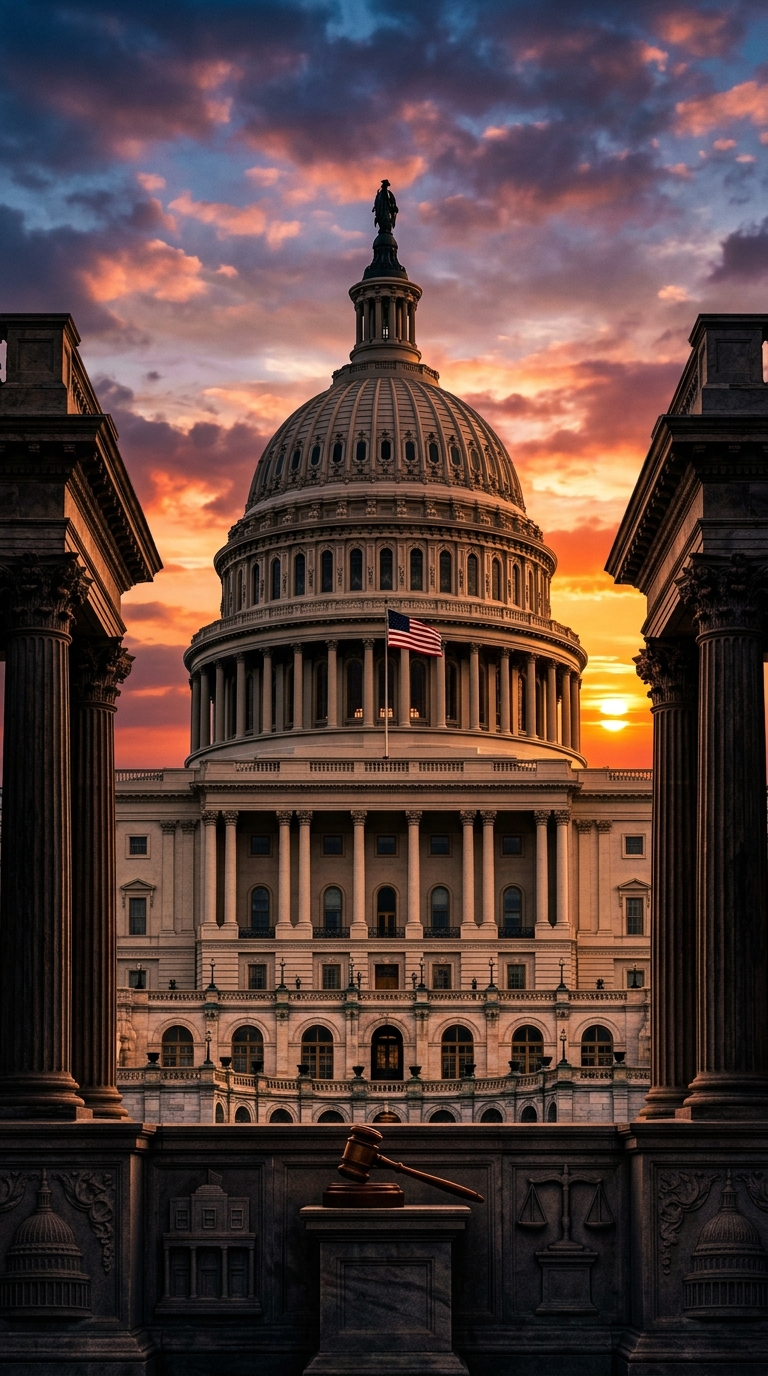 The image features the United States Capitol building at sunset, framed by columns and a gavel in the foreground.