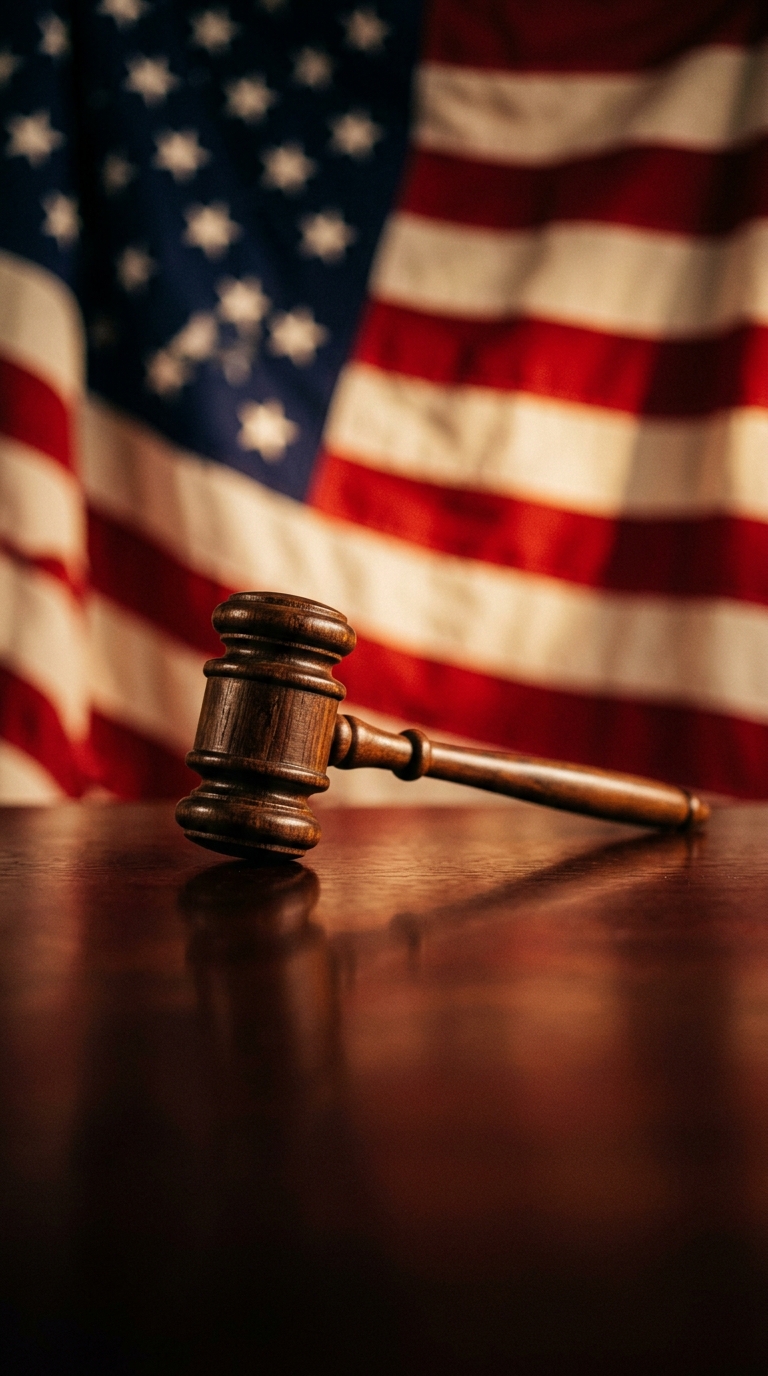A wooden gavel is placed on a table in front of an American flag.