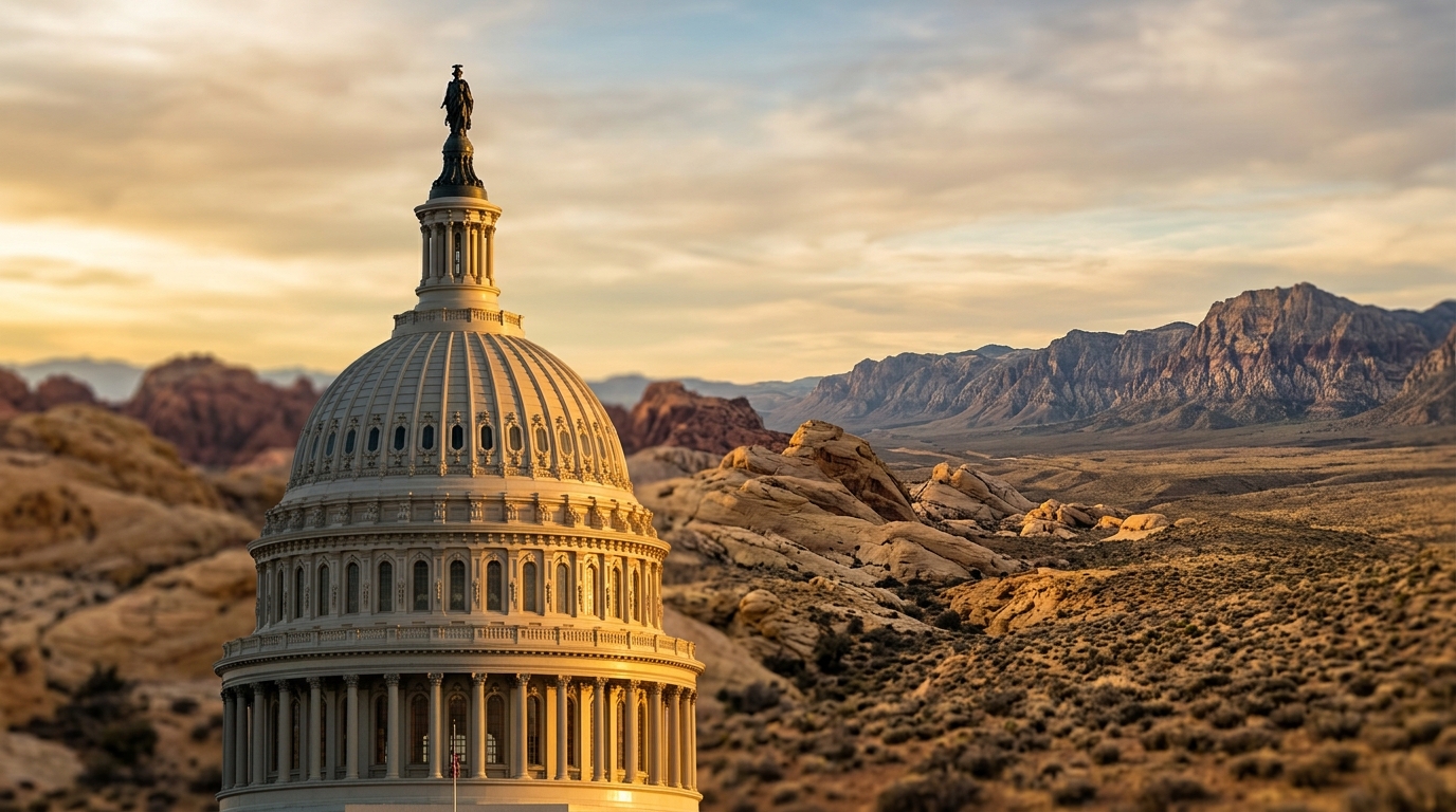 The image shows the dome of a government building with mountains in the background.