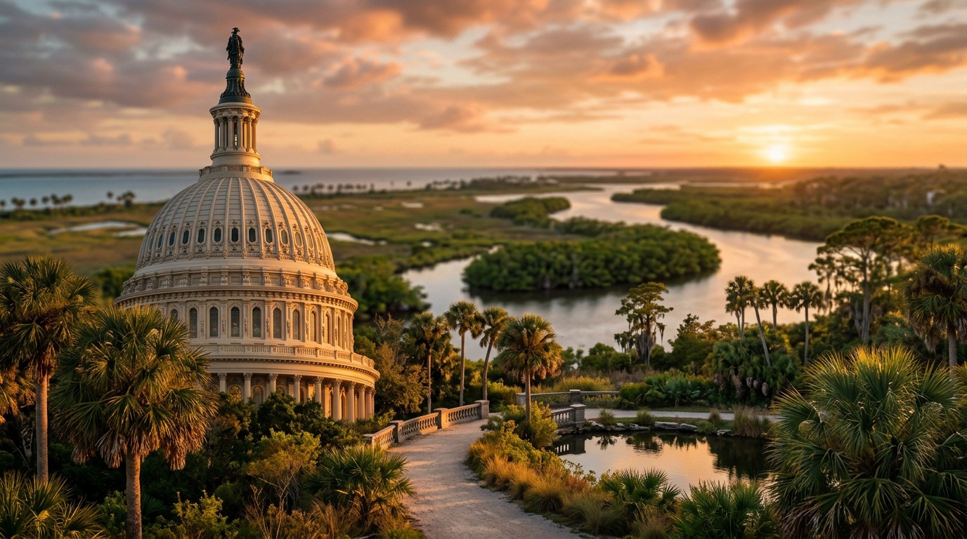 A view of a dome structure surrounded by greenery and a river at sunset.