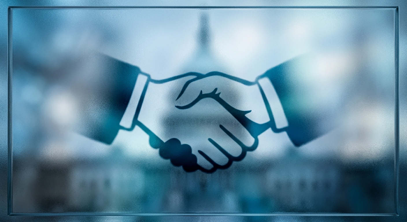 A blurred image of a handshake symbolizing agreement or partnership.