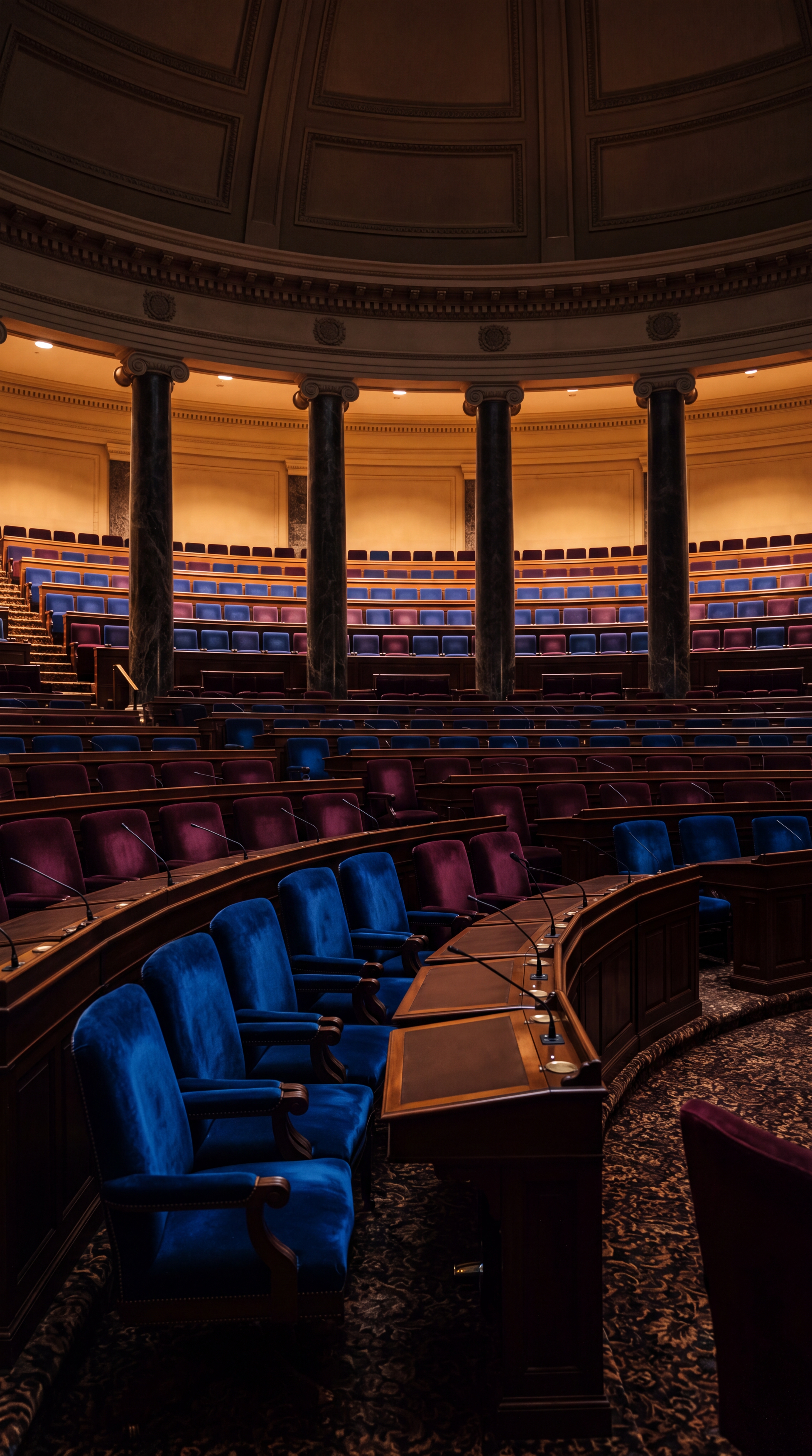 An empty legislative chamber with rows of colorful seating and ornate columns.