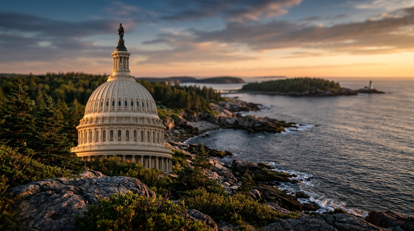 A view of a dome structure near a coastal landscape at sunset.