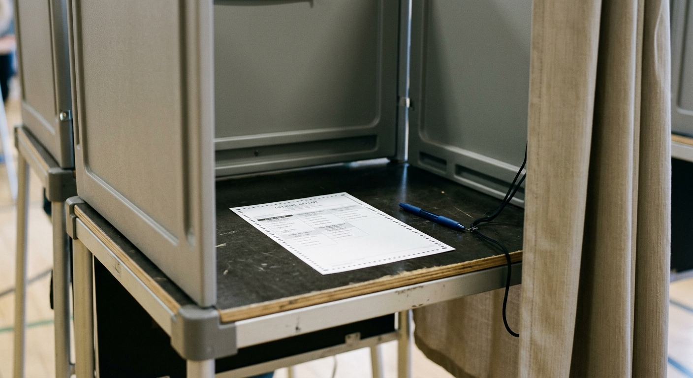 A voting booth with a ballot and a pen on the table.
